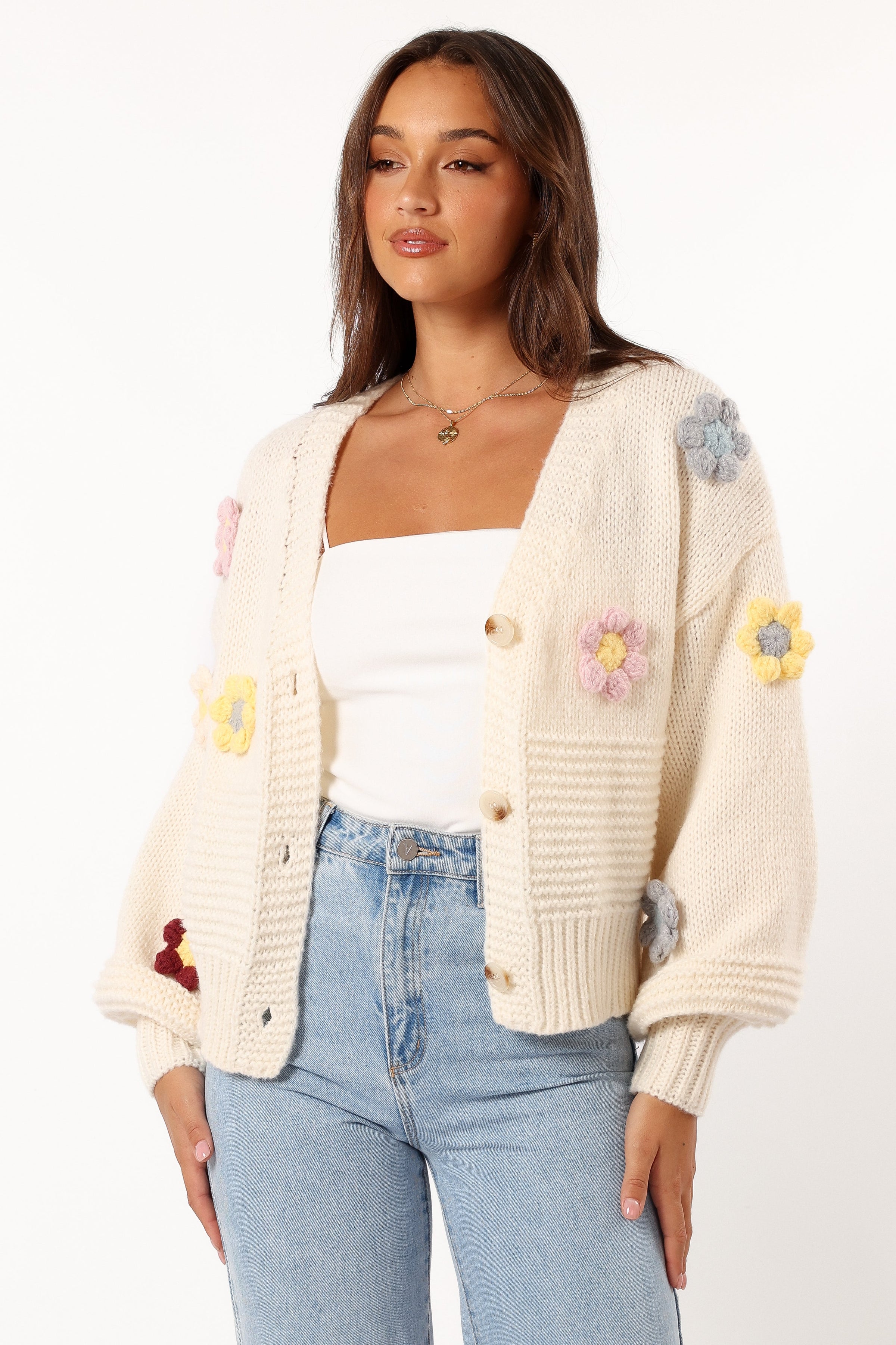 KNITWEAR Sienna Flower Cardigan - Cream
