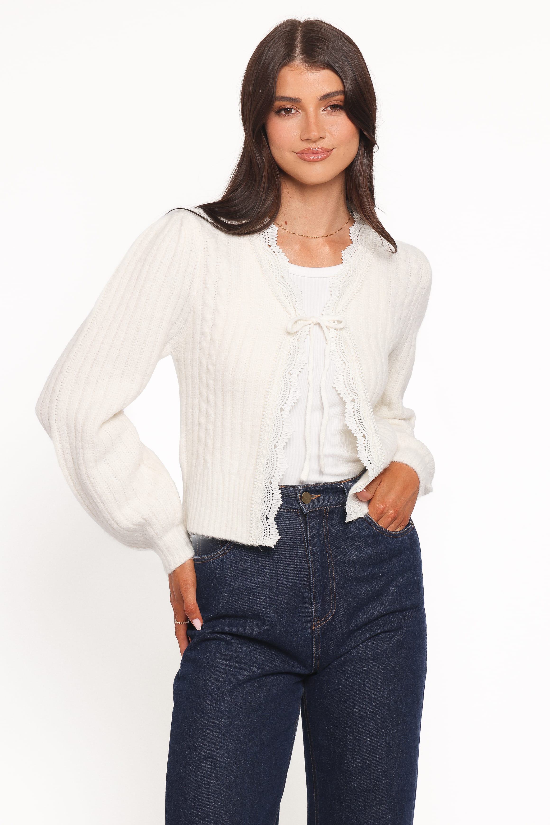 KNITWEAR Silvie Lace Front Tie Cardigan - Cream