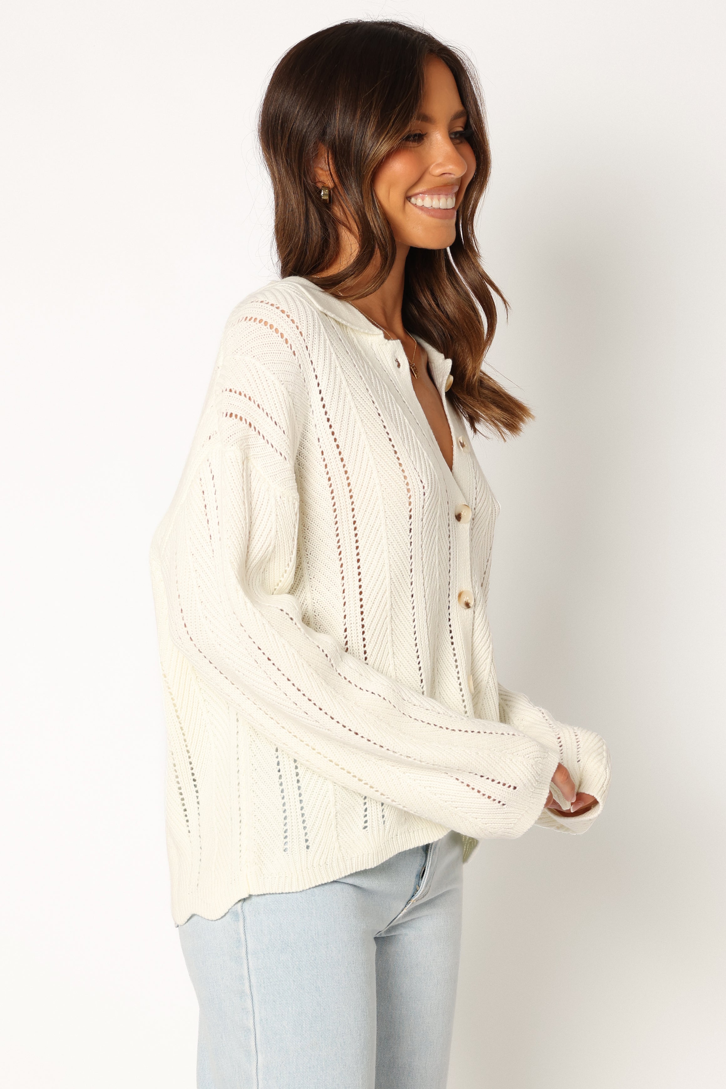 KNITWEAR @Simone Button Front Collar Knit Sweater - White