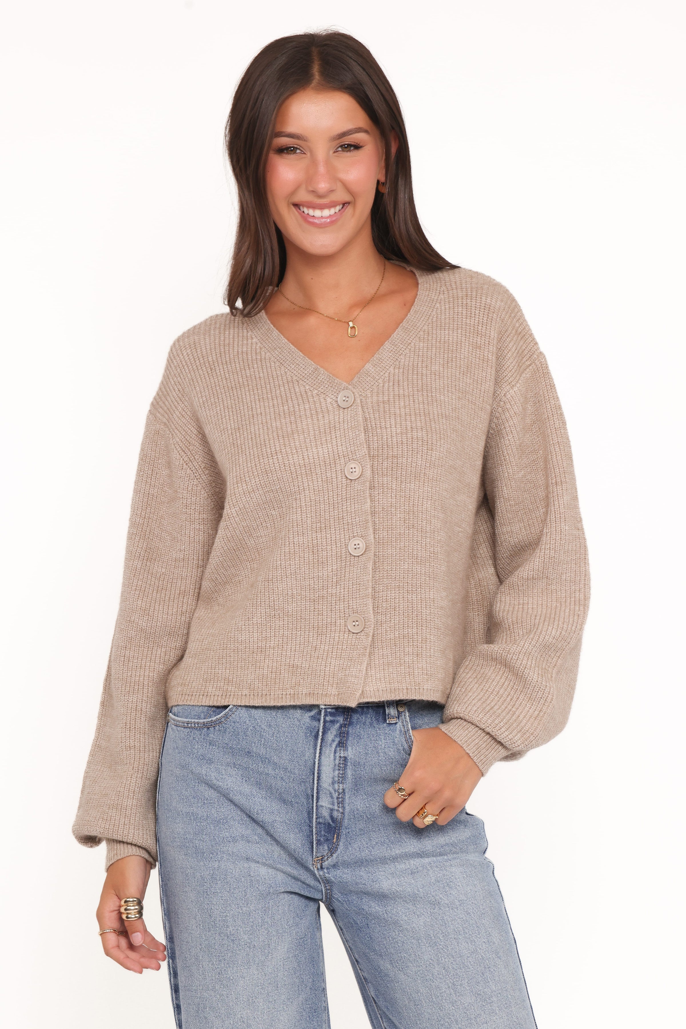 KNITWEAR Sybil Button Front Cardigan - Mushroom