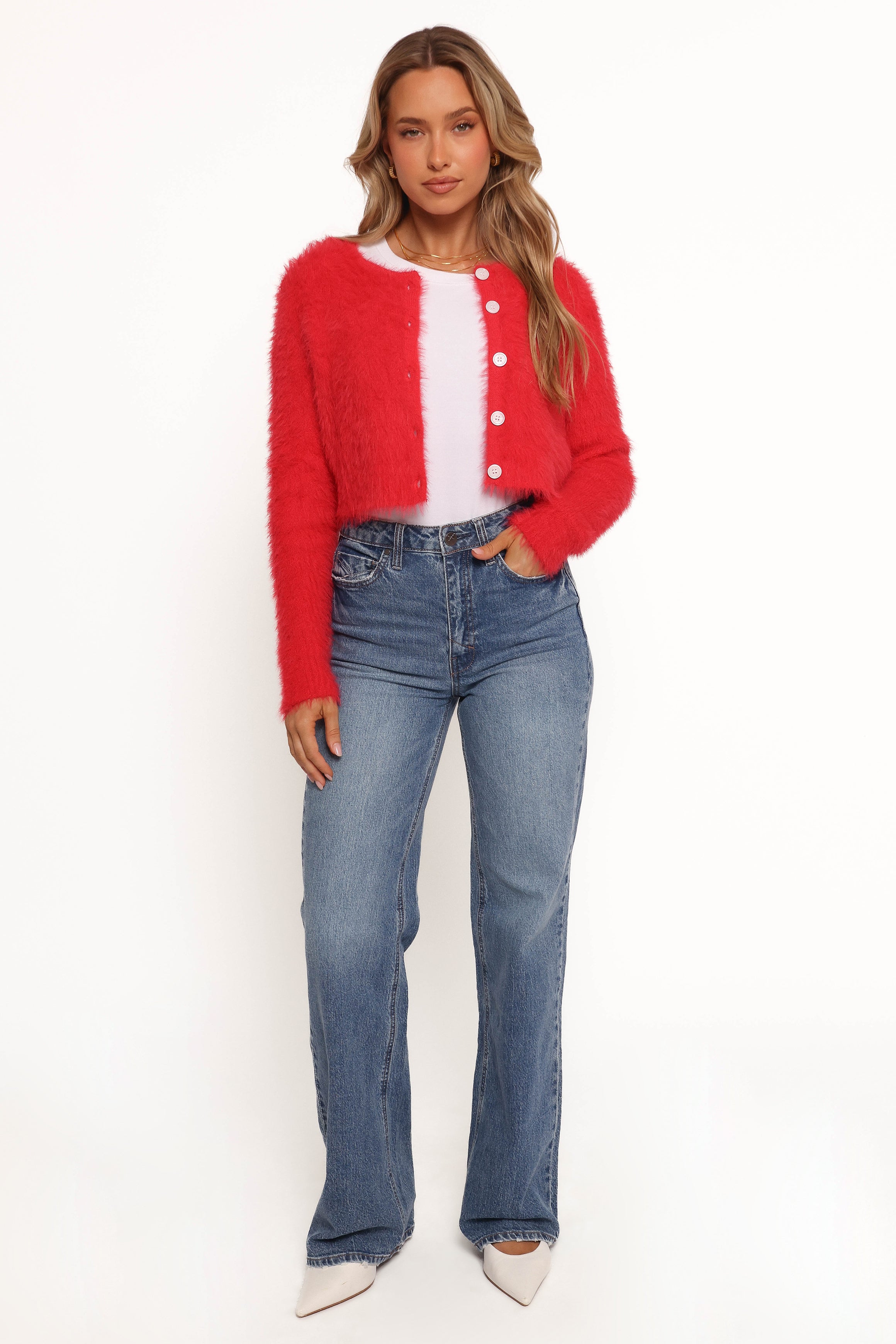 KNITWEAR Tavan Crop Button Front Cardigan - Red