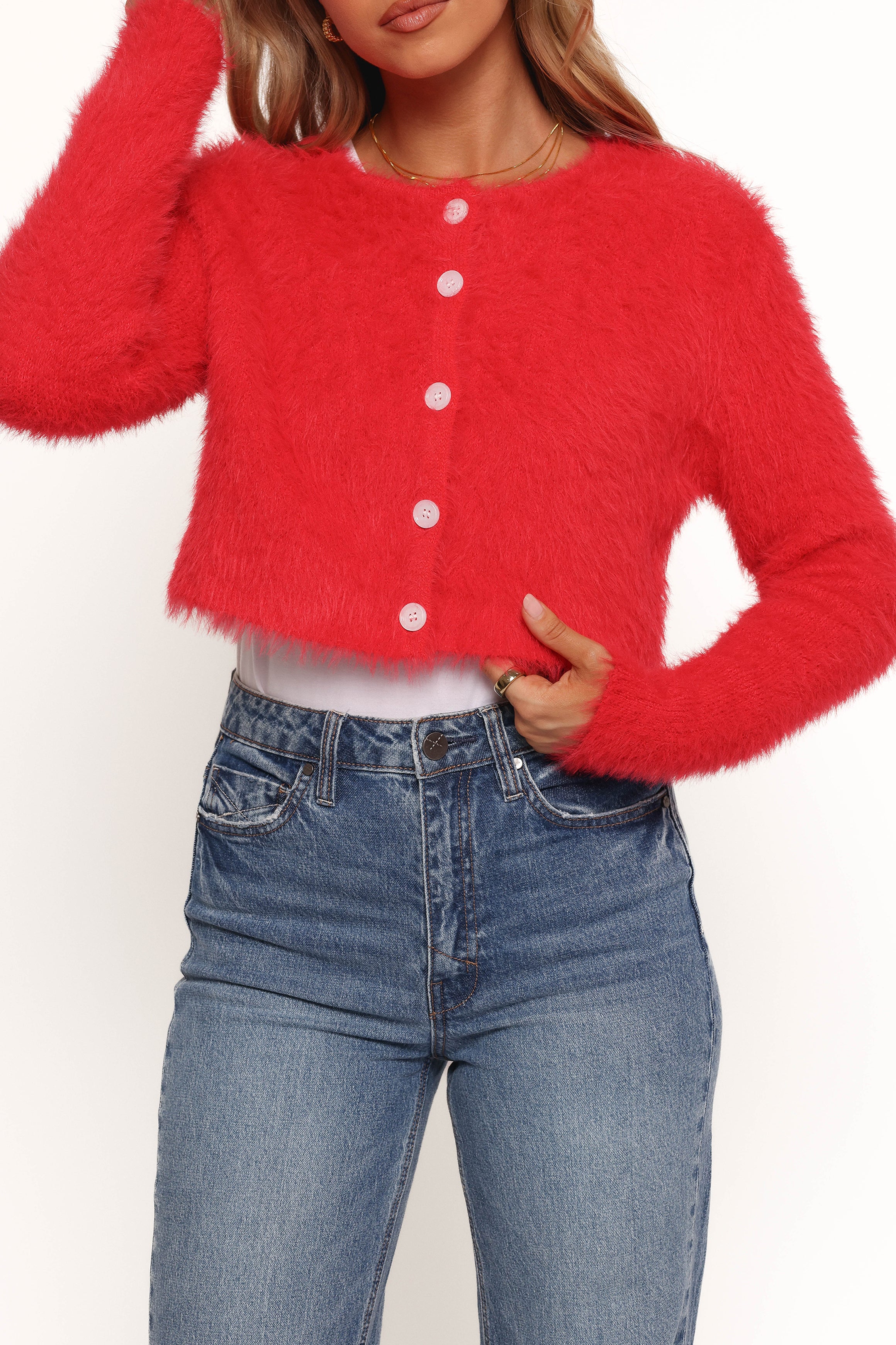 KNITWEAR Tavan Crop Button Front Cardigan - Red
