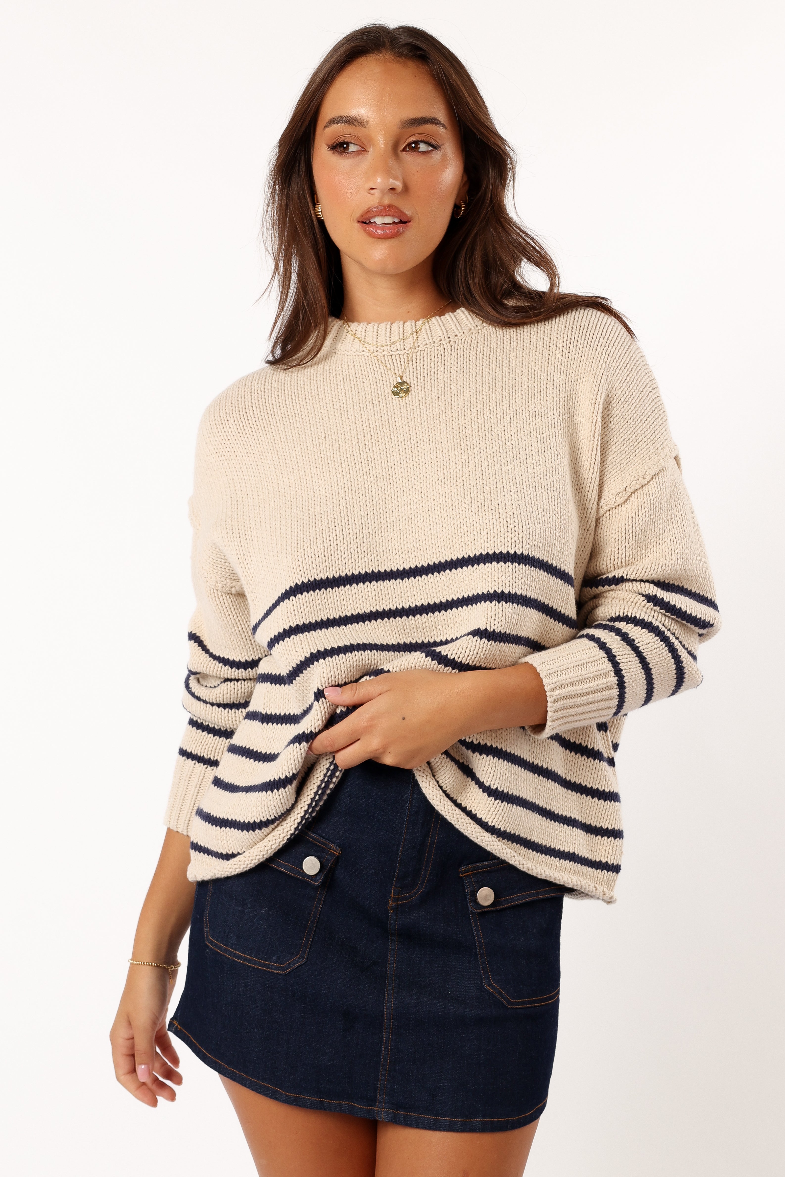 KNITWEAR Tenzie Stripe Knit Sweater - Natural Navy