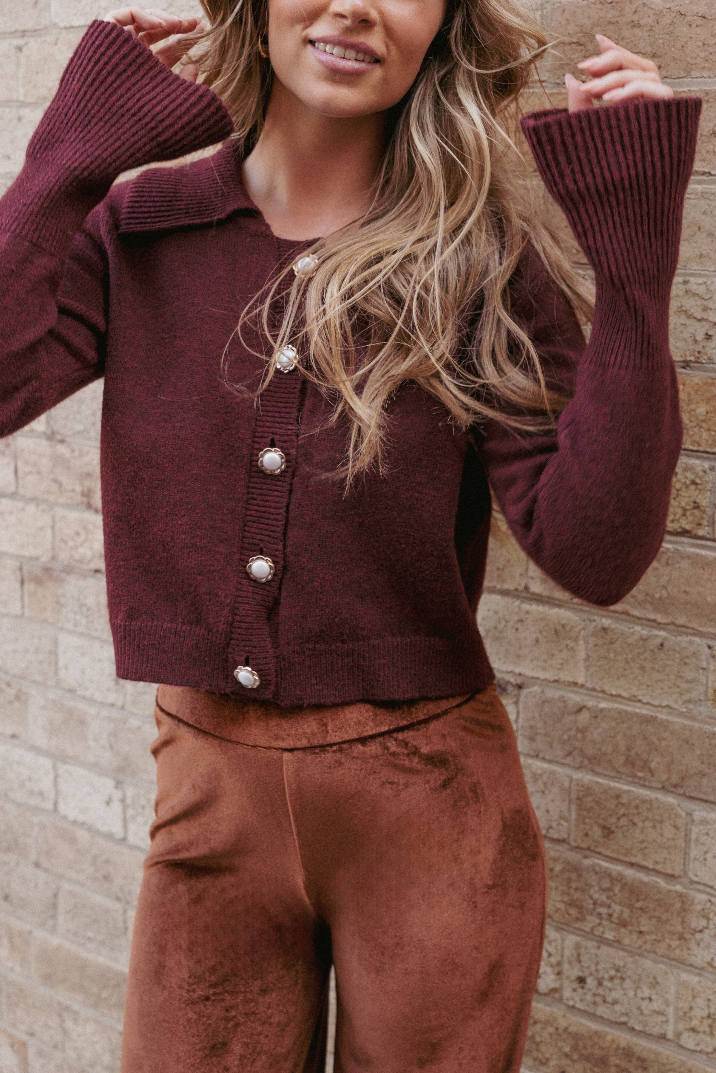 KNITWEAR Thelma Trumpet Sleeve Cardigan - Cabernet