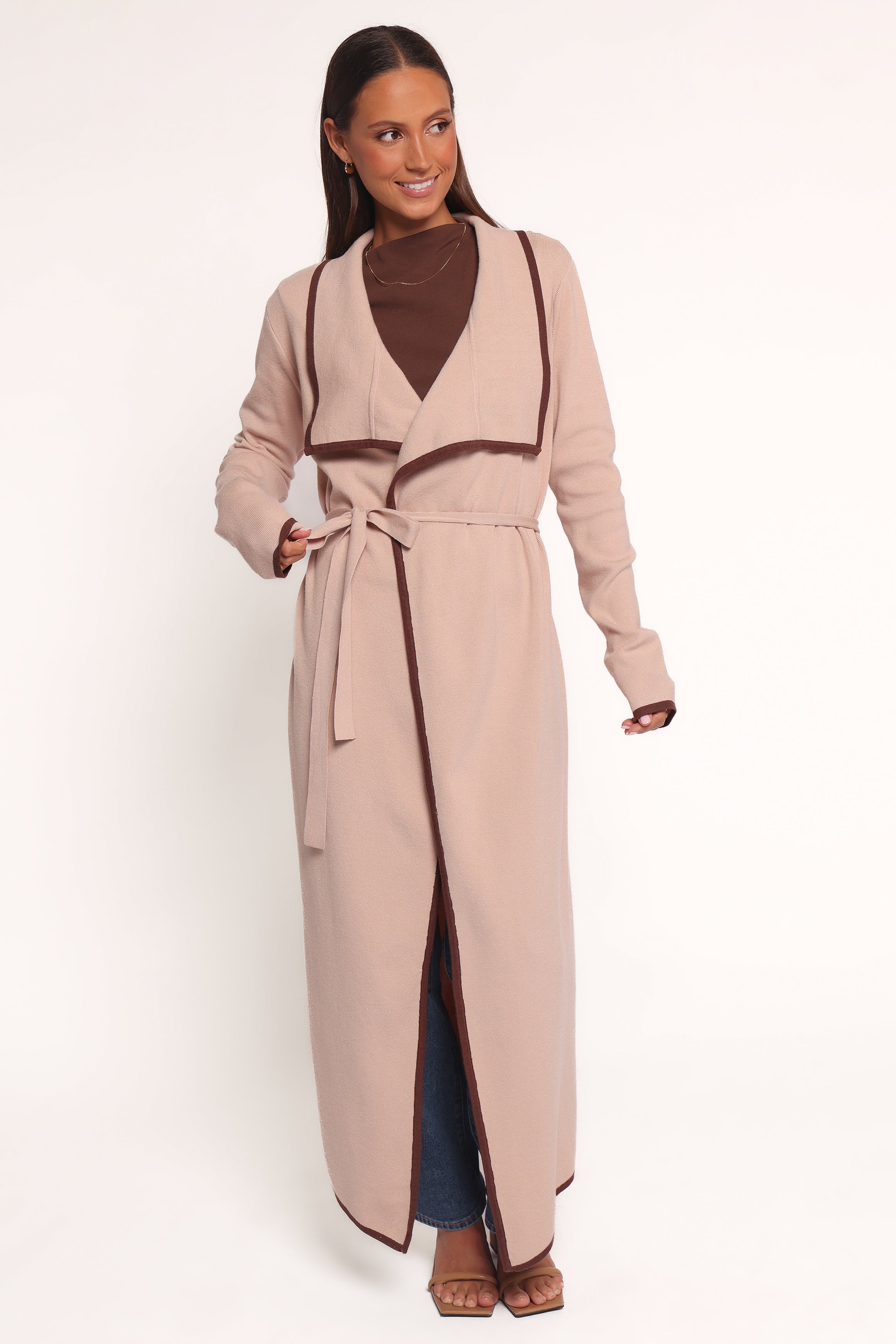 KNITWEAR Vallis Contrast Trim Long Cardigan - Beige