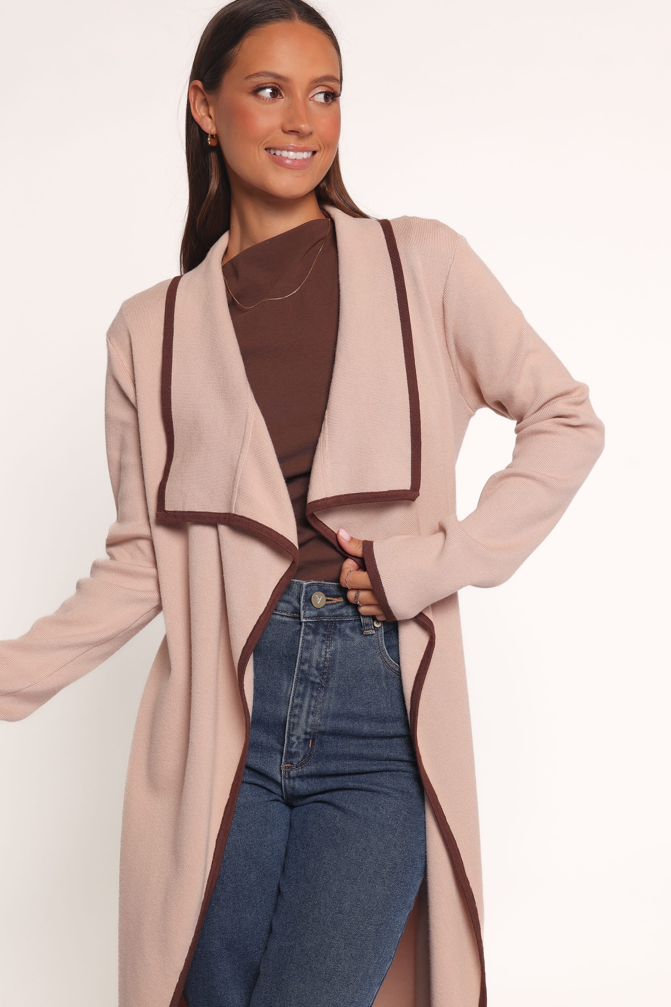 KNITWEAR Vallis Contrast Trim Long Cardigan - Beige
