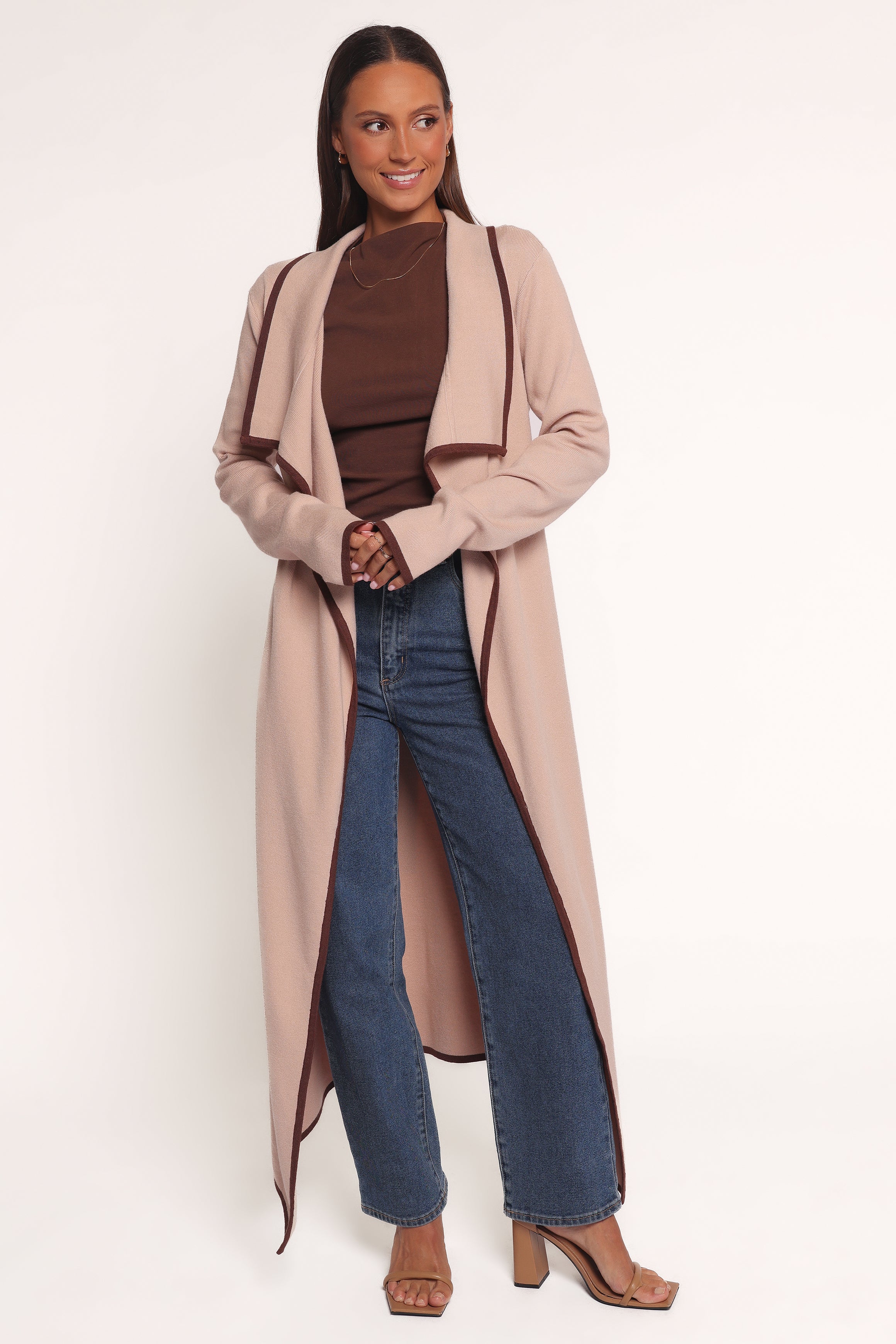 KNITWEAR Vallis Contrast Trim Long Cardigan - Beige