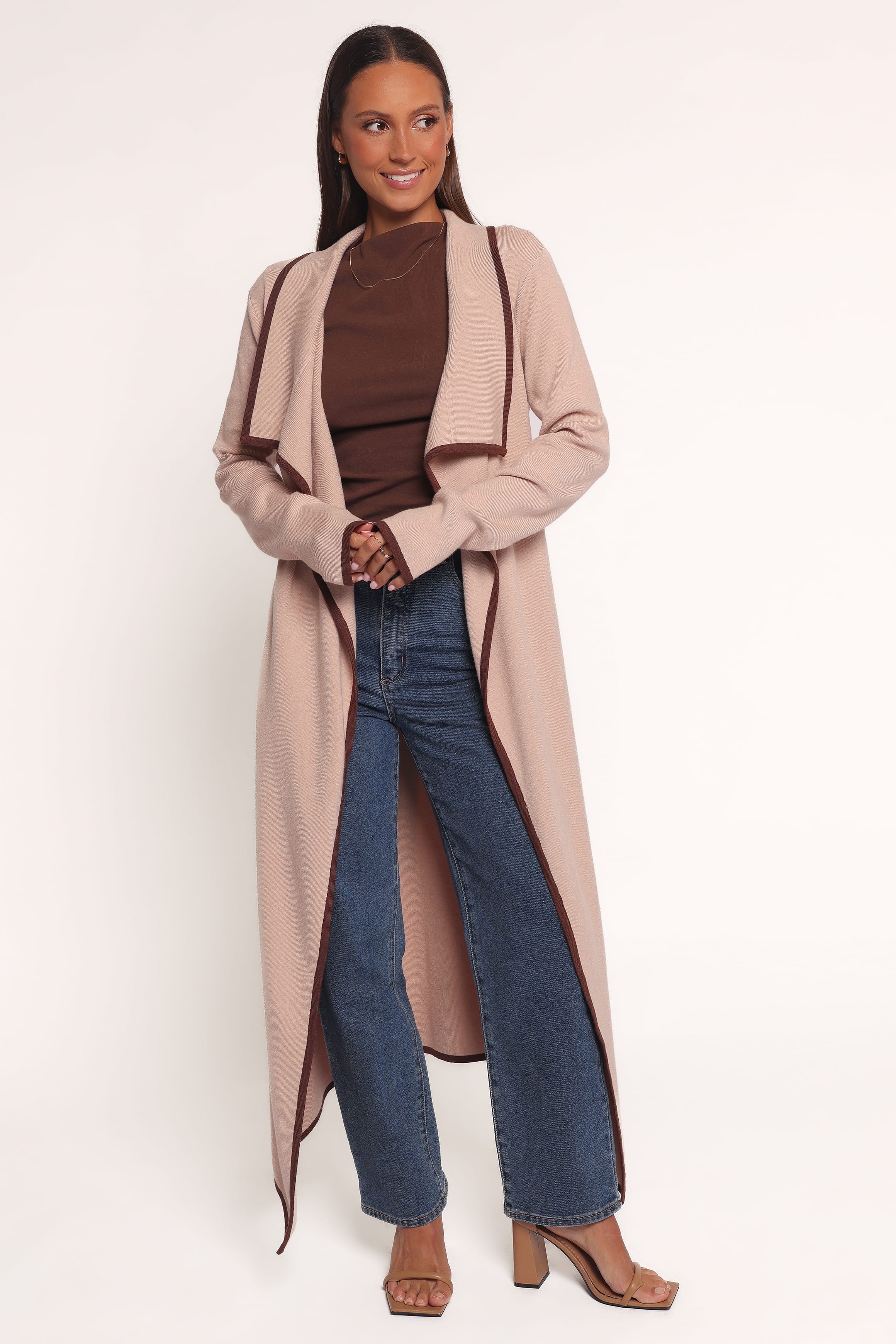 KNITWEAR Vallis Contrast Trim Long Cardigan - Beige