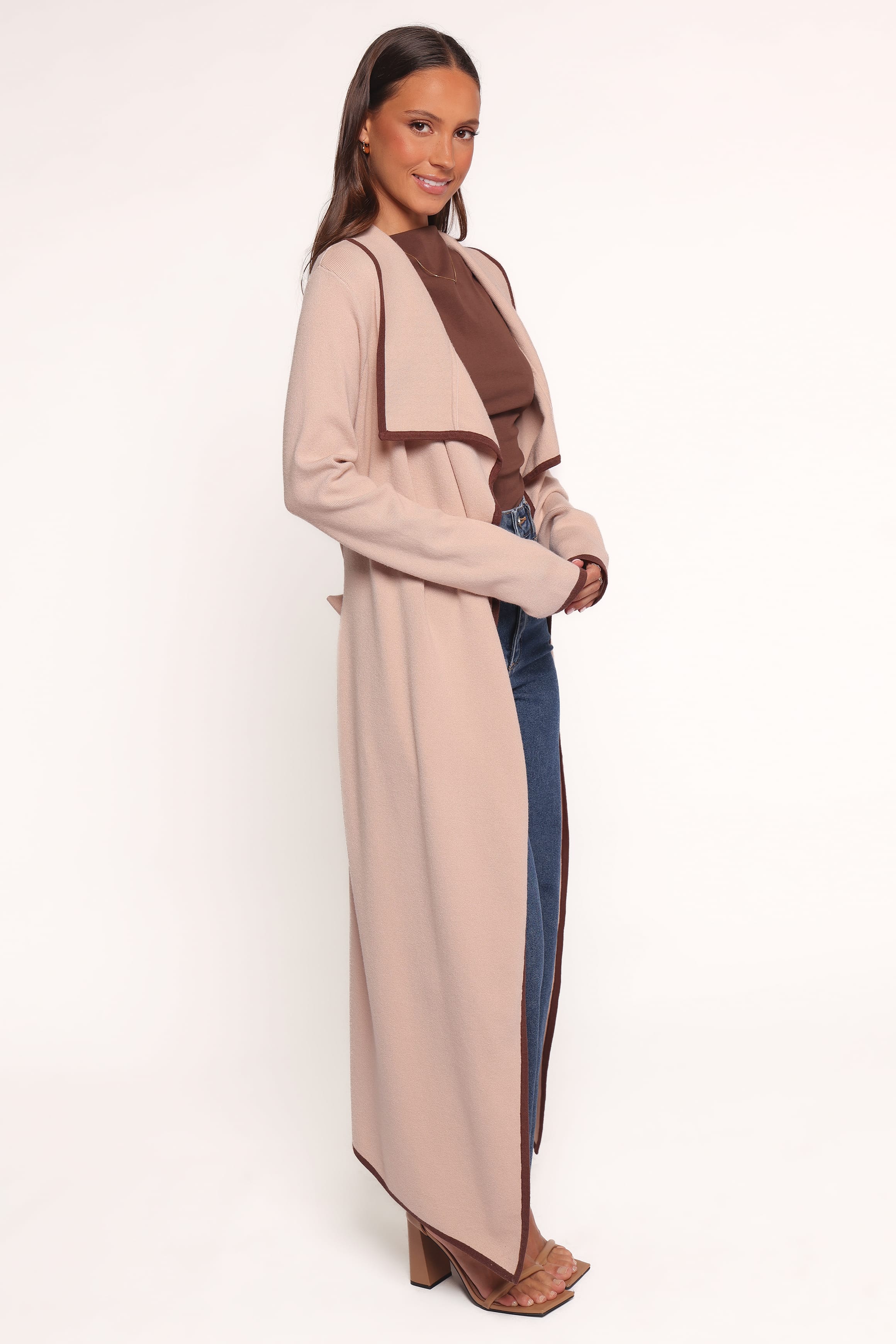 KNITWEAR Vallis Contrast Trim Long Cardigan - Beige