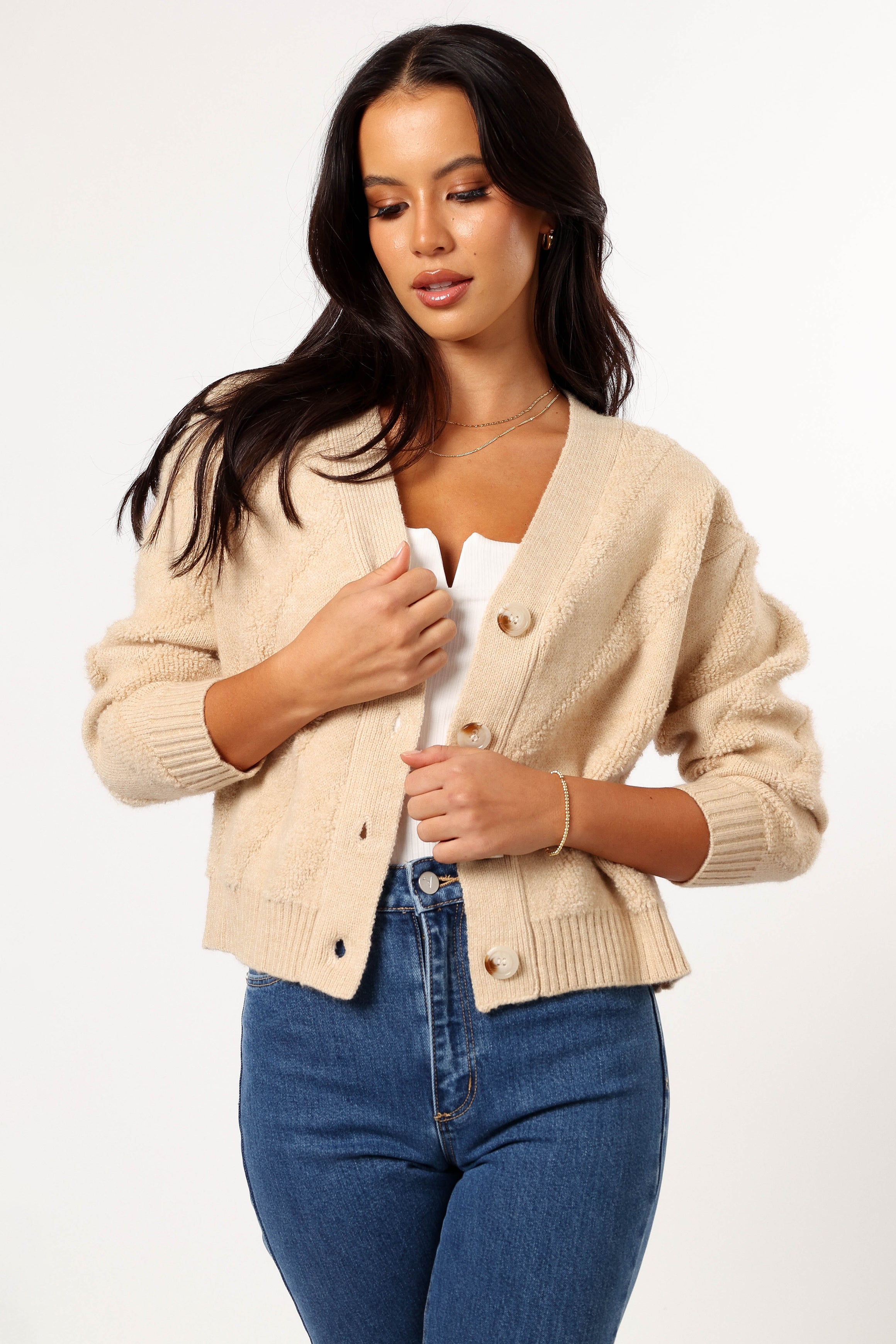 KNITWEAR @Veda Stripe Cardigan - Beige
