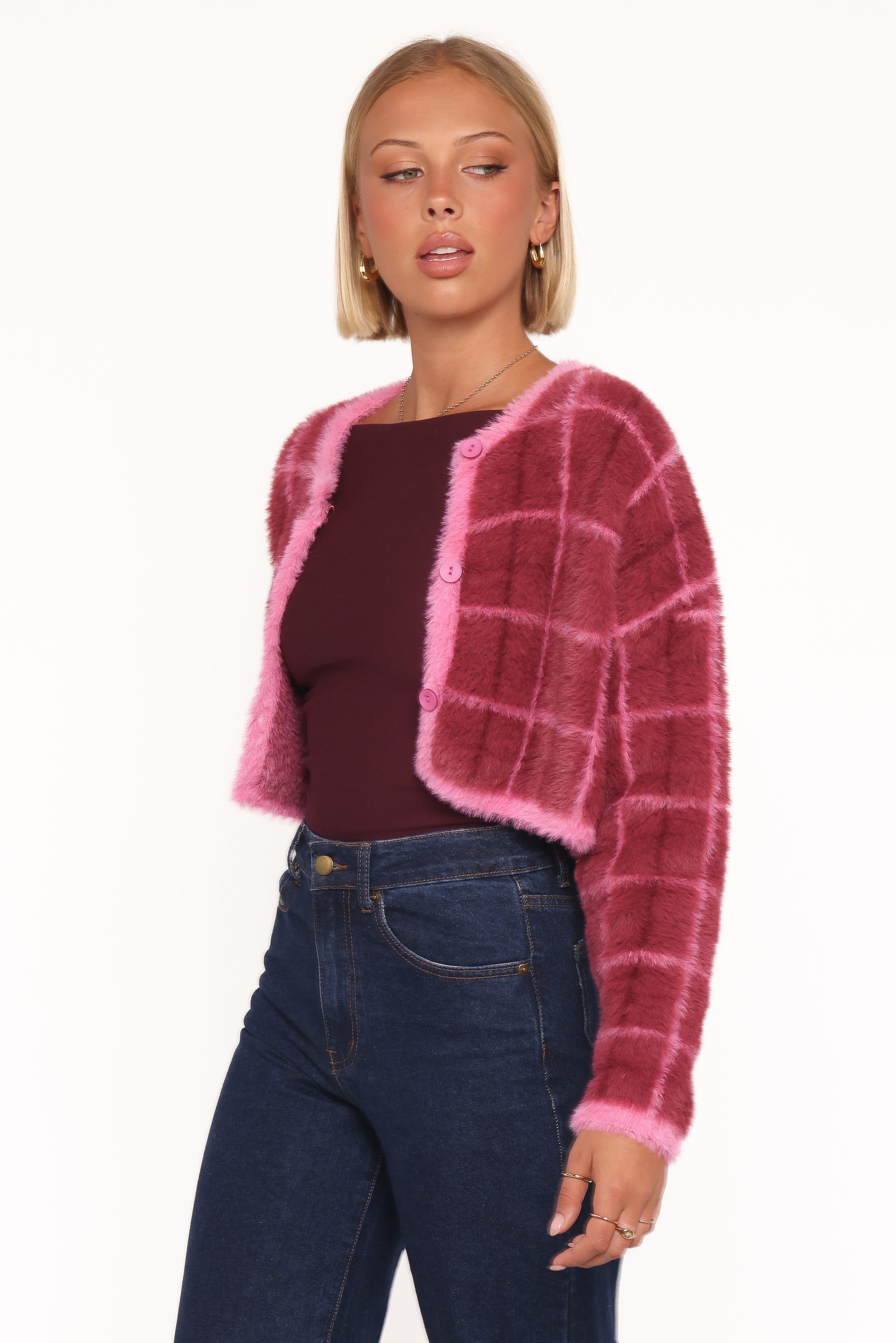 KNITWEAR Viola Plaid Button Front Cardigan - Burgundy