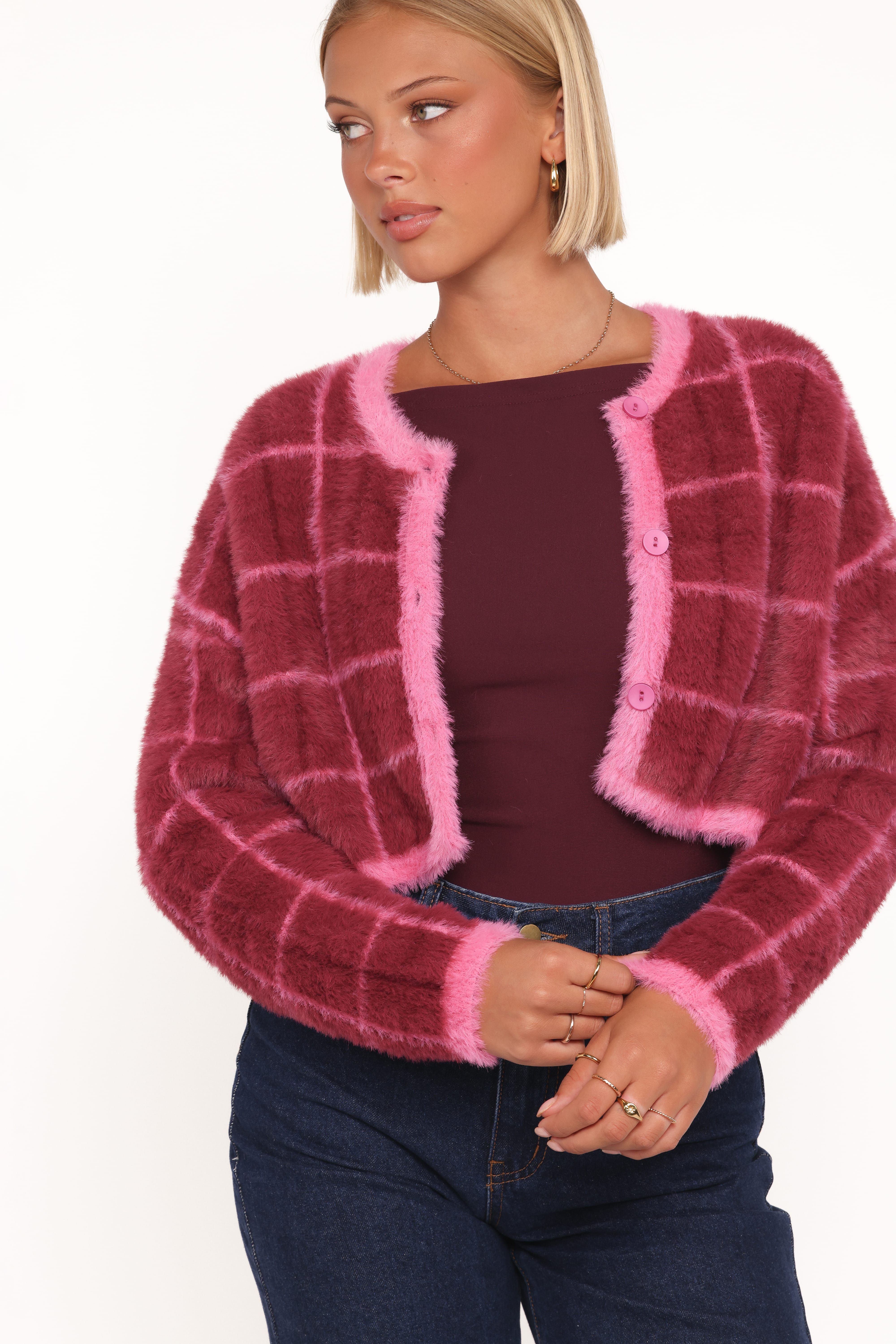 KNITWEAR Viola Plaid Button Front Cardigan - Burgundy