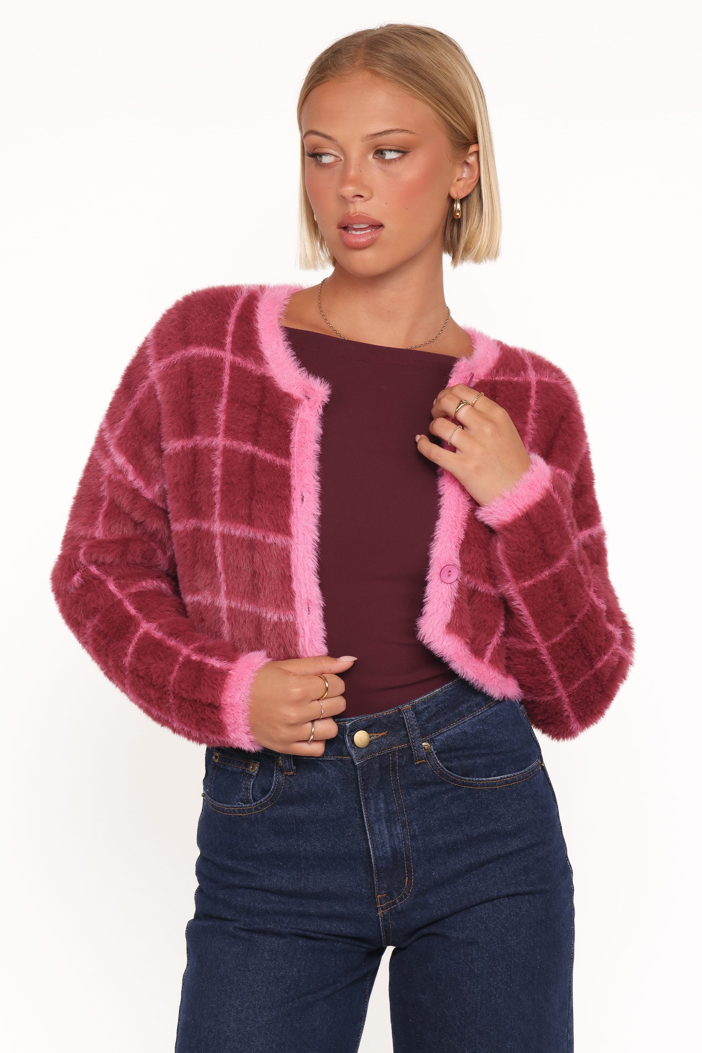 KNITWEAR Viola Plaid Button Front Cardigan - Burgundy
