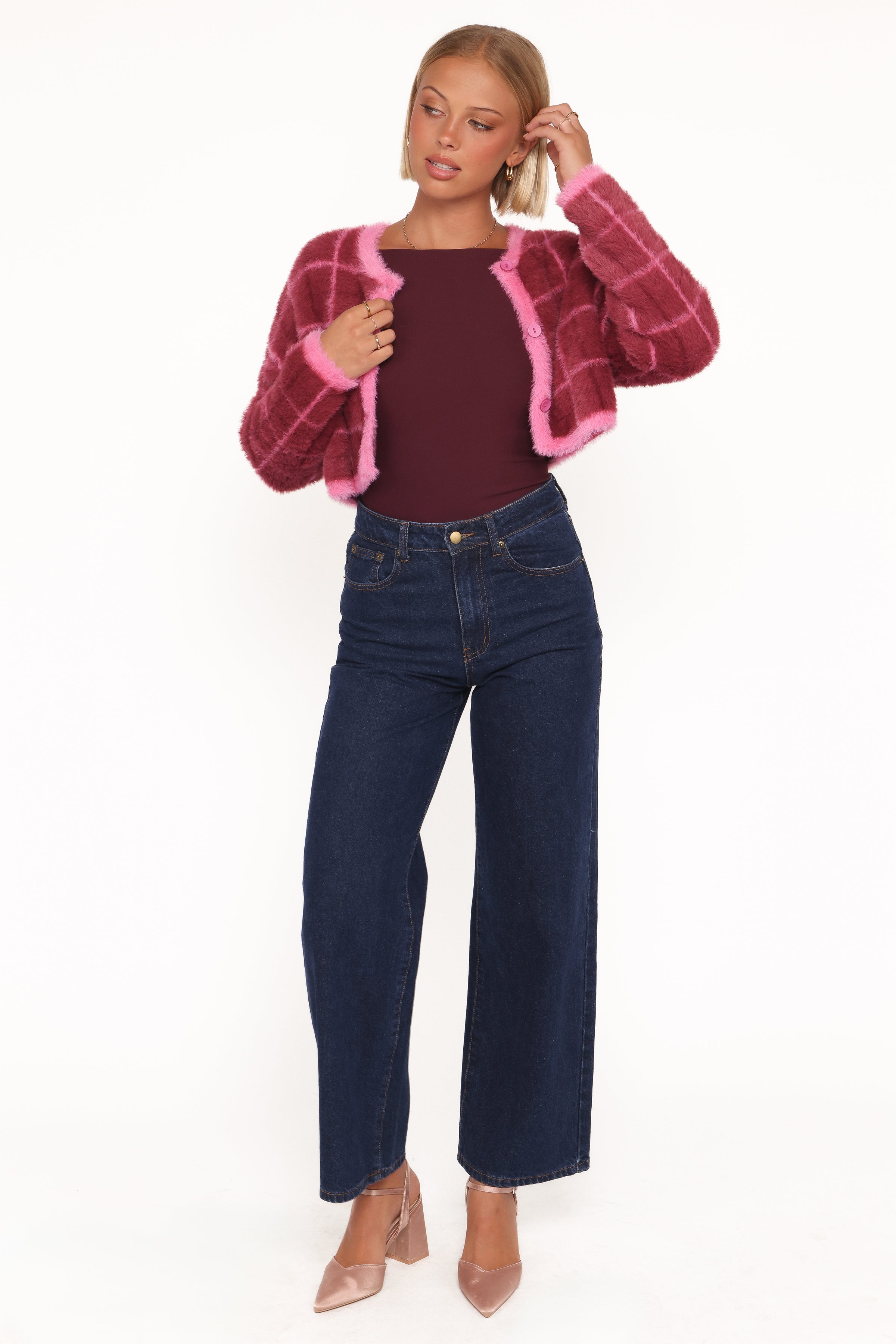 KNITWEAR Viola Plaid Button Front Cardigan - Burgundy