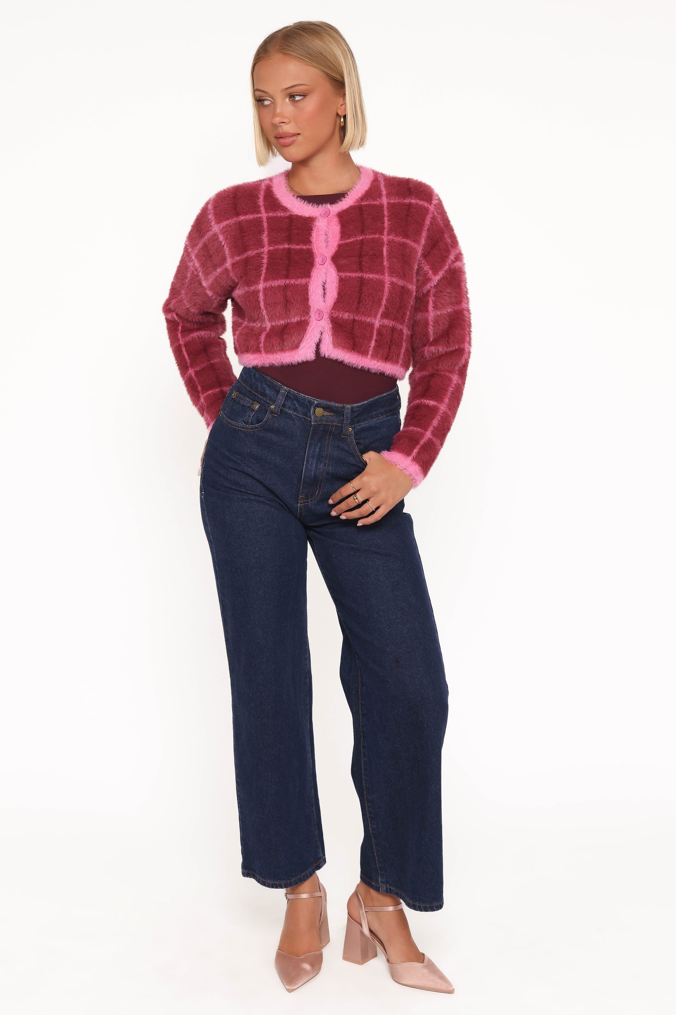 KNITWEAR Viola Plaid Button Front Cardigan - Burgundy