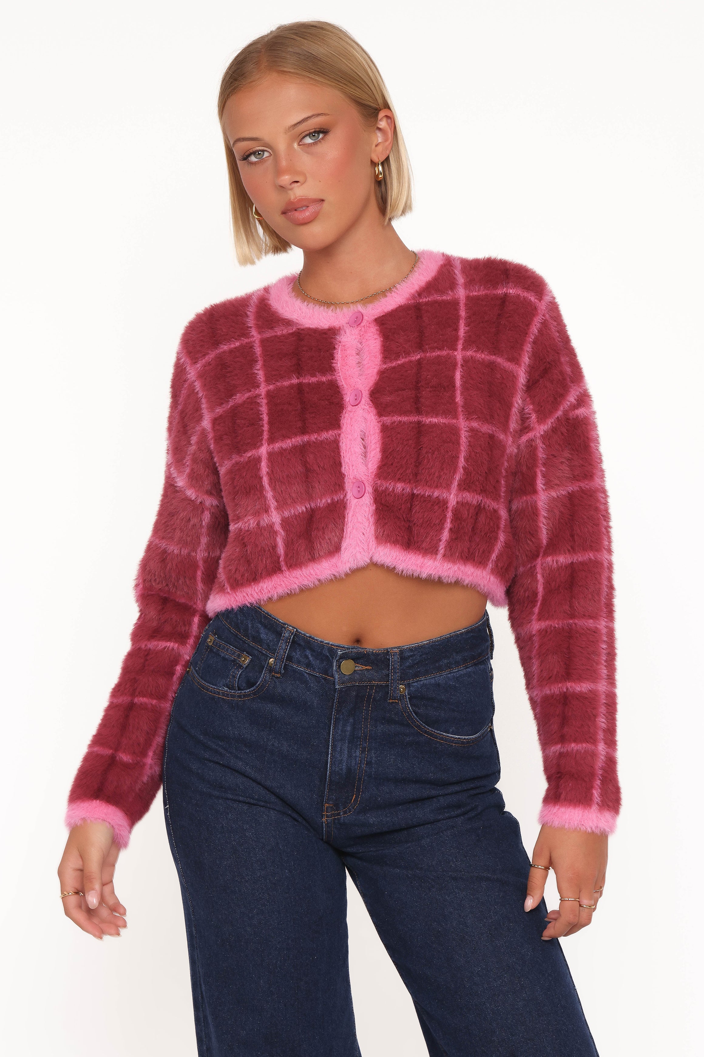 KNITWEAR Viola Plaid Button Front Cardigan - Burgundy
