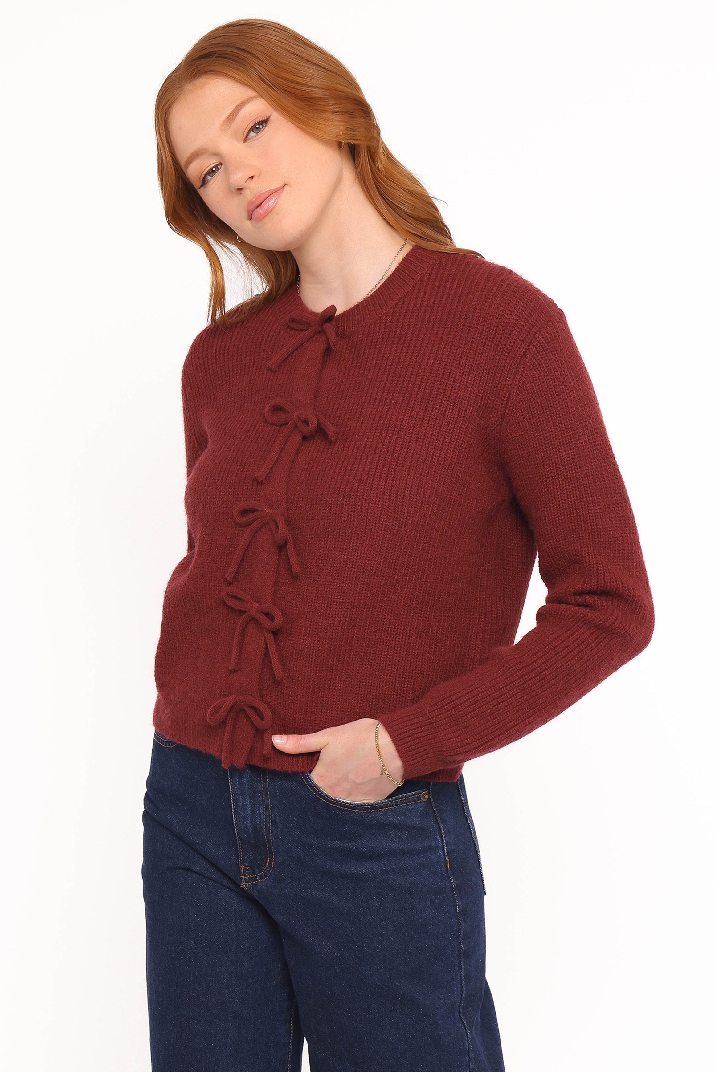 KNITWEAR Wilde Bow Front Cardigan - Burgundy