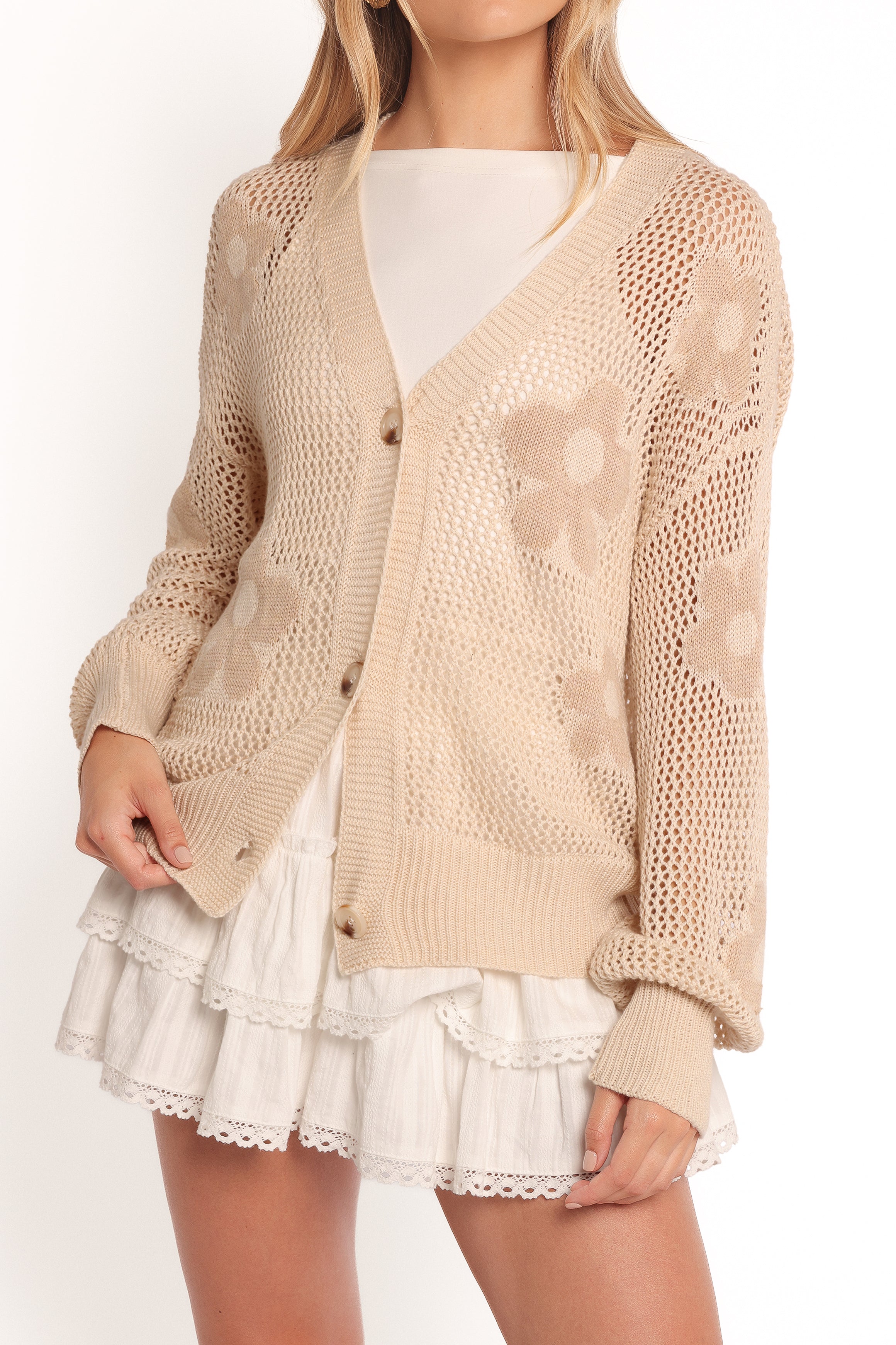 KNITWEAR Winslow Open Knit Flower Cardigan - Tan