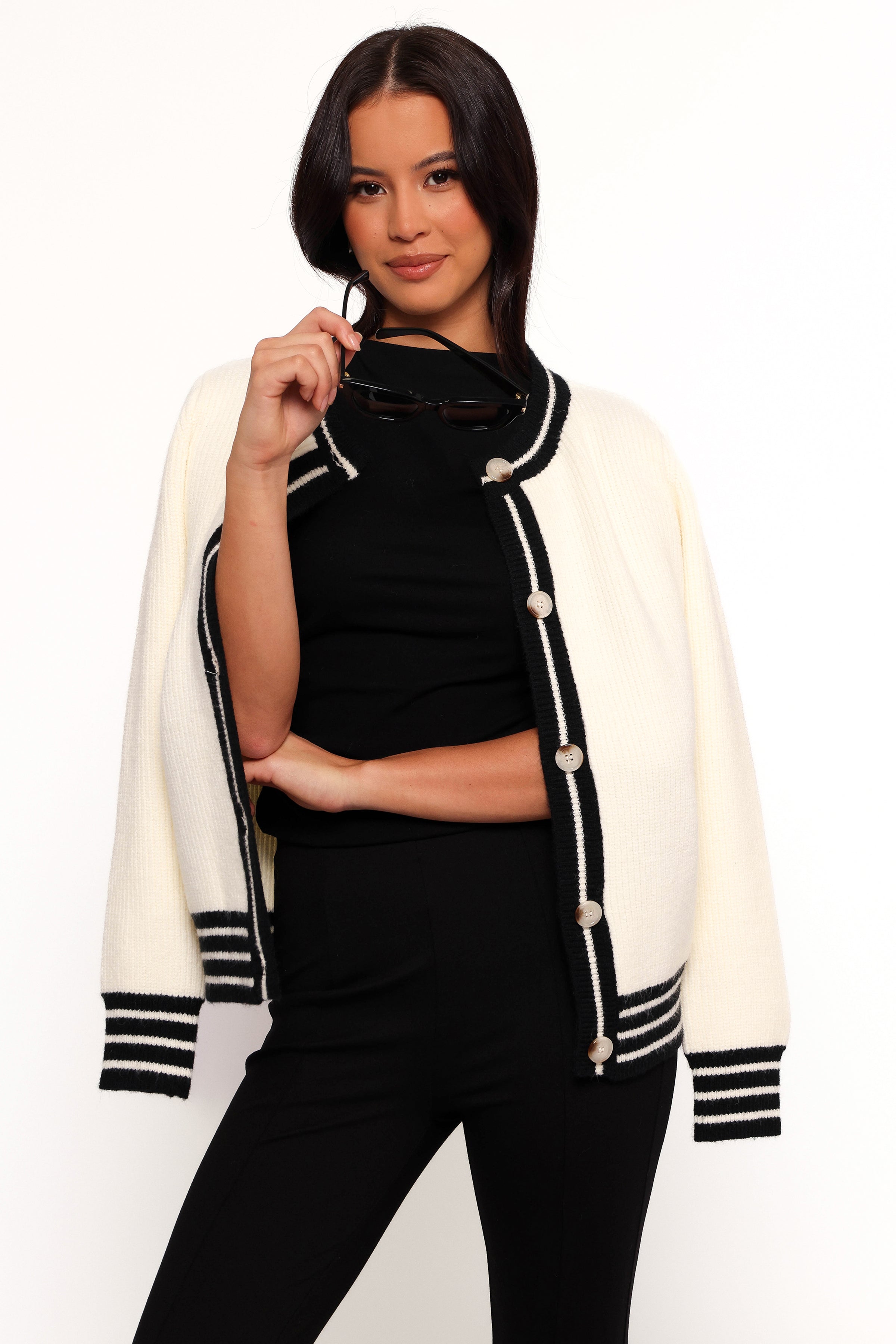 KNITWEAR Yorkshire Contrast Hem Cardigan - Cream