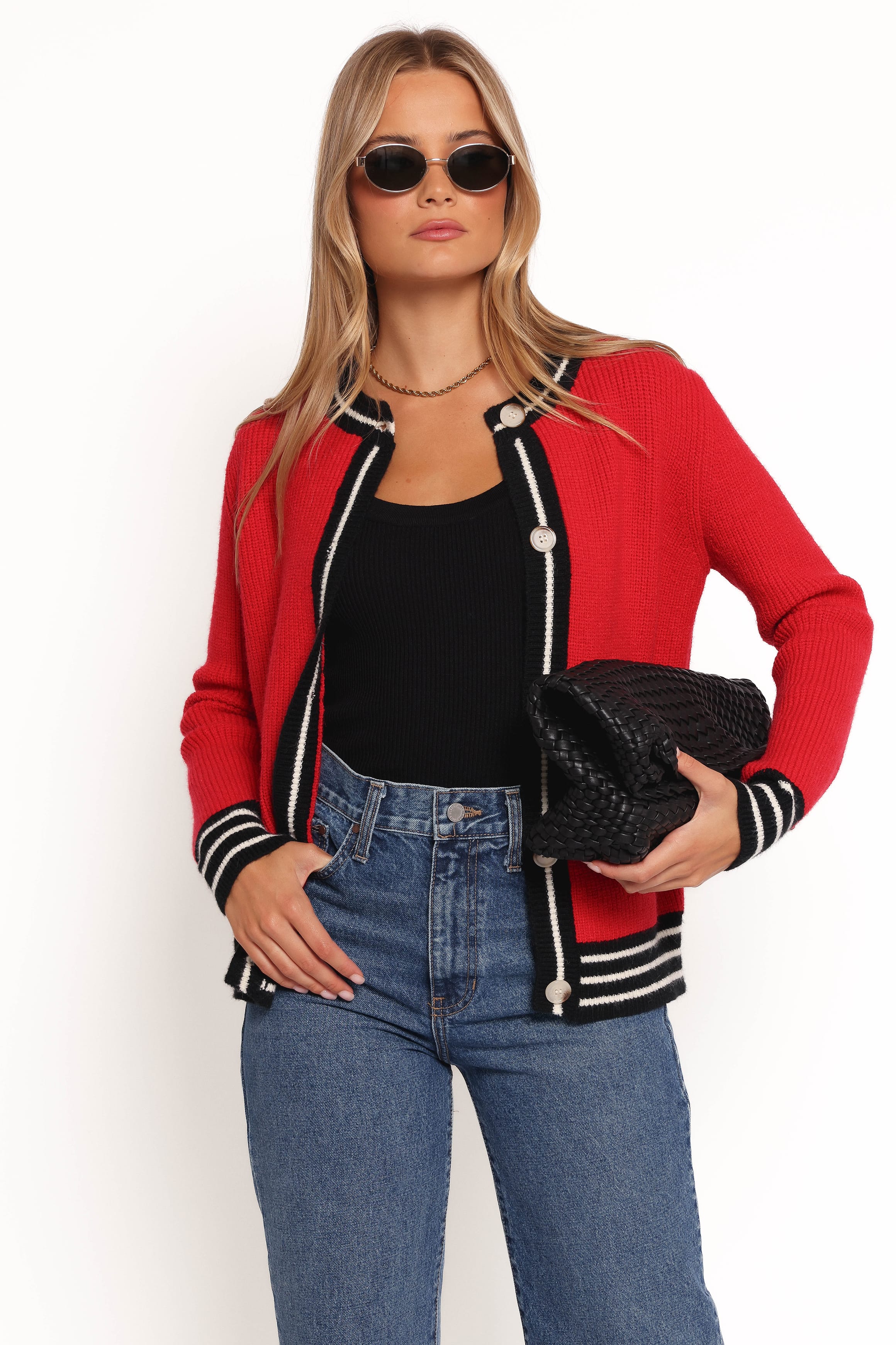 KNITWEAR Yorkshire Contrast Hem Cardigan - Red