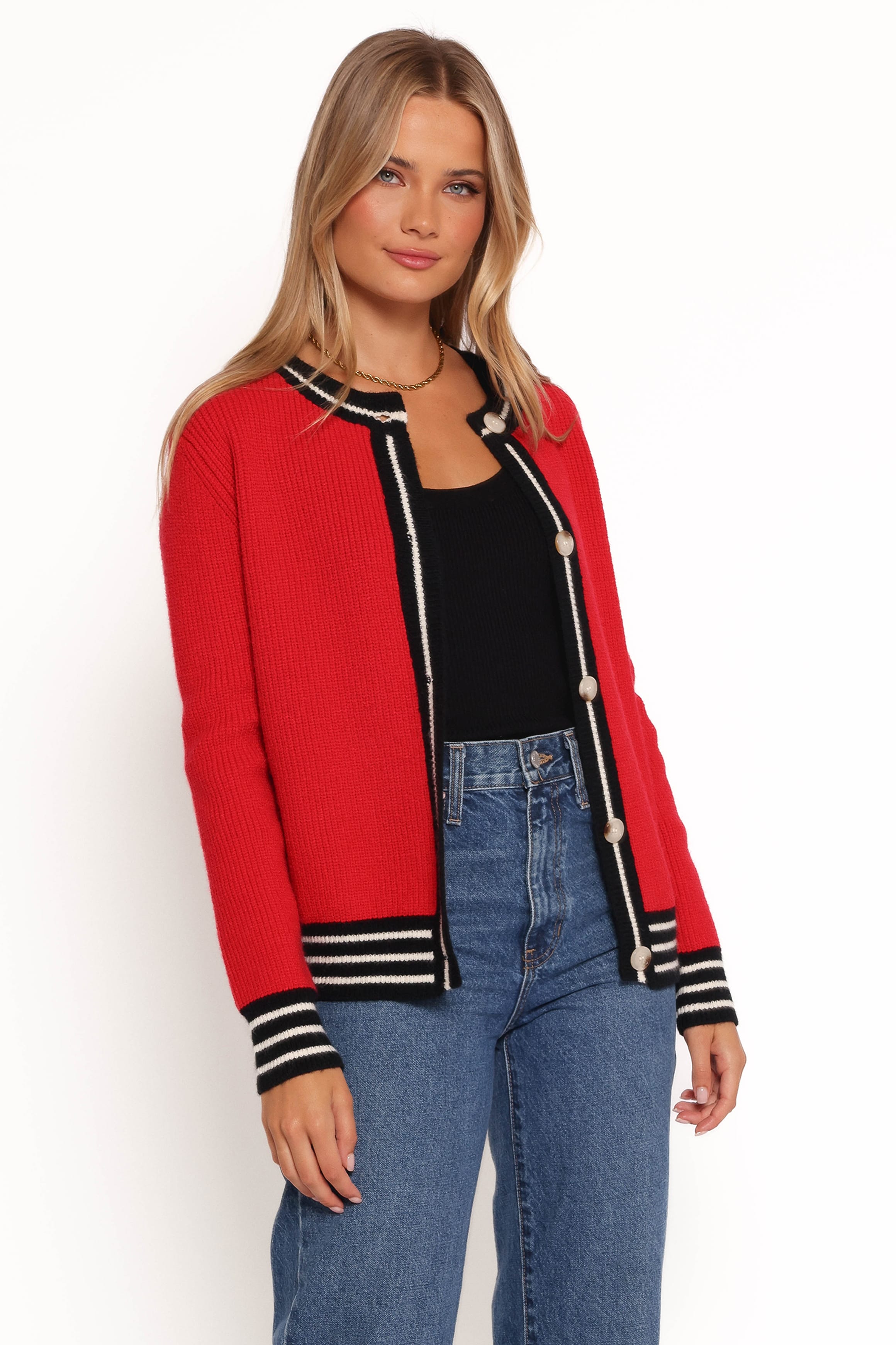 KNITWEAR Yorkshire Contrast Hem Cardigan - Red