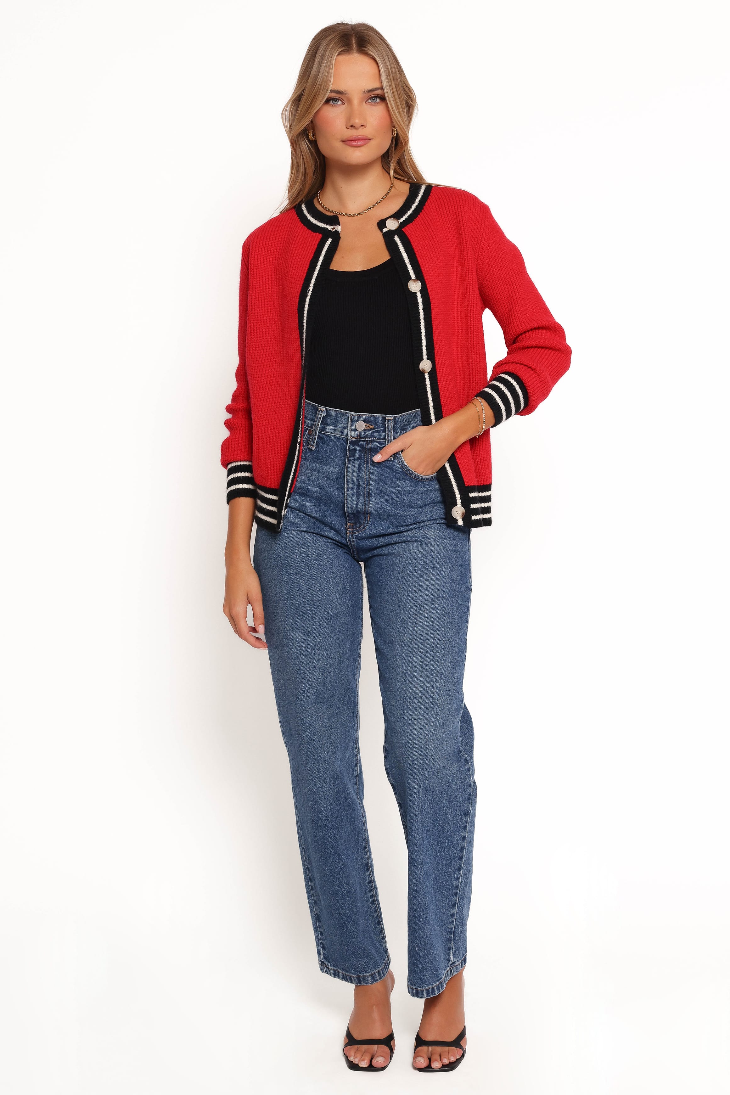 KNITWEAR Yorkshire Contrast Hem Cardigan - Red