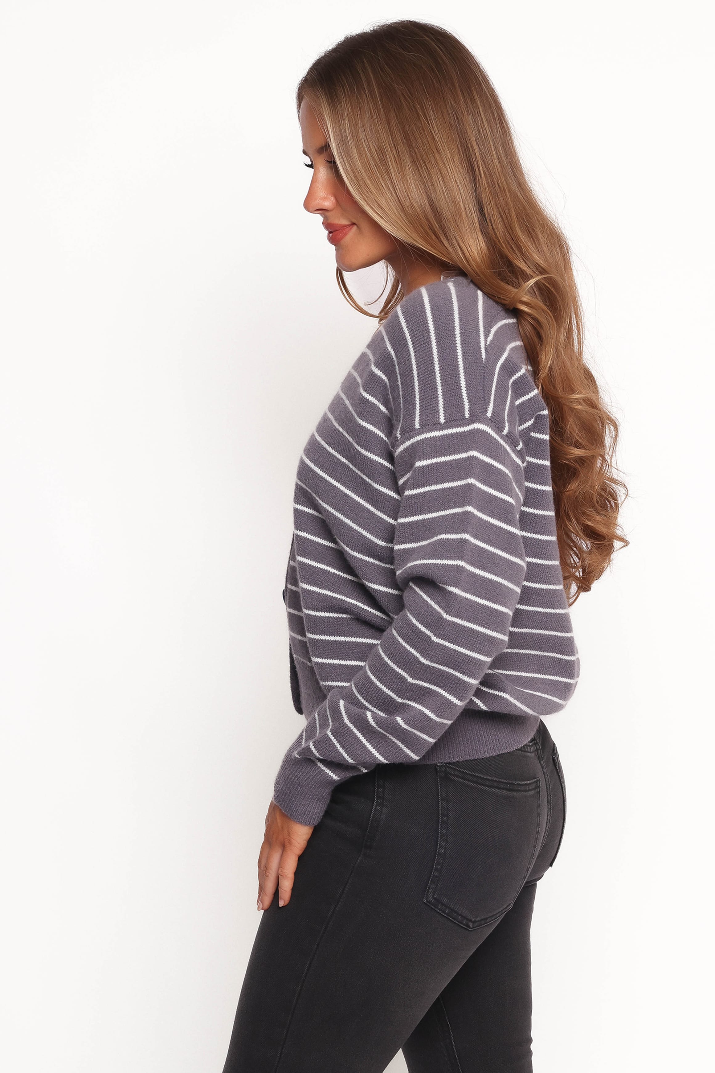 KNITWEAR Zammy Lurex Strip Button Front Cardigan - Grey