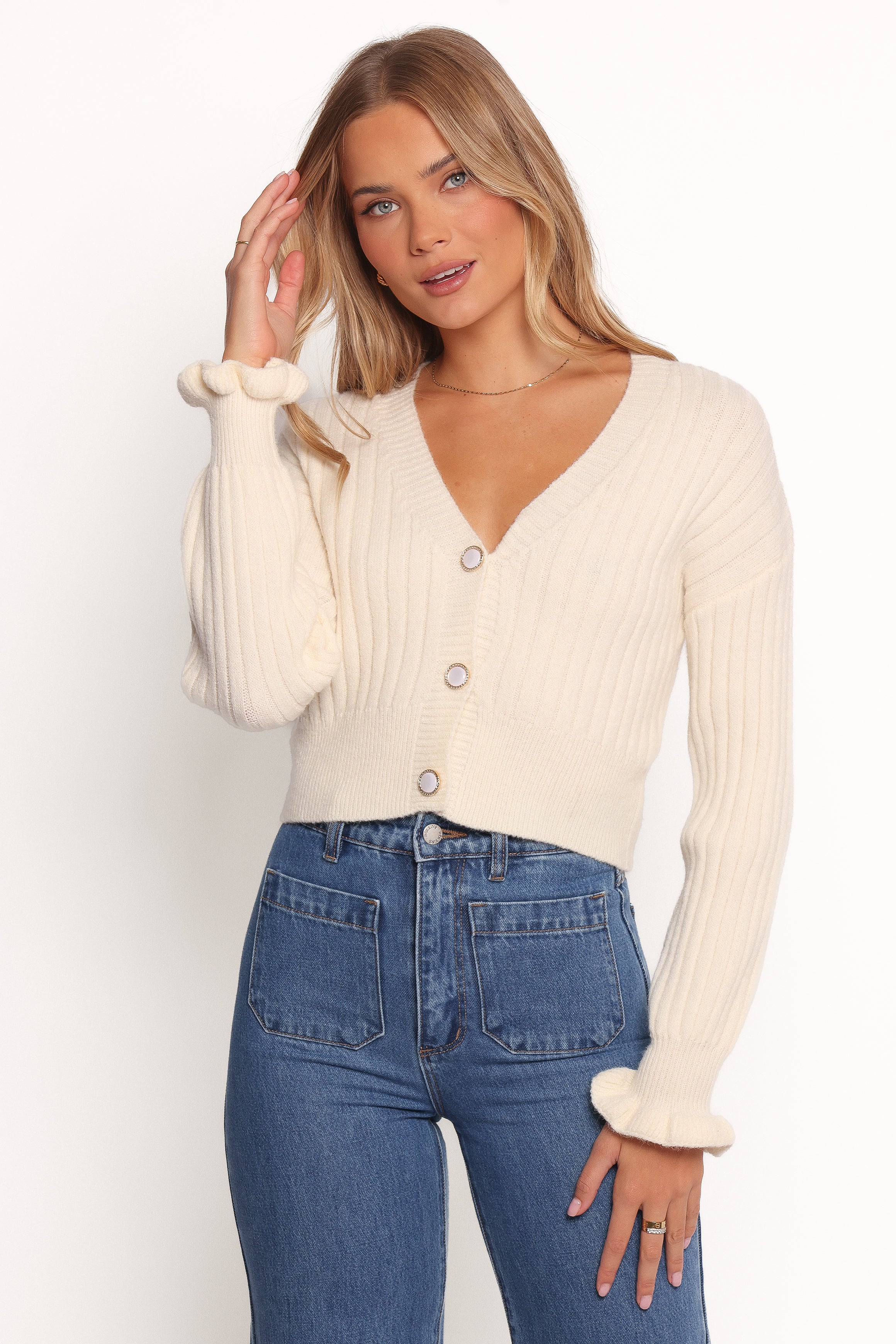 KNITWEAR Zana Ribbed Ruffle Cuff Knit Sweater - Cream