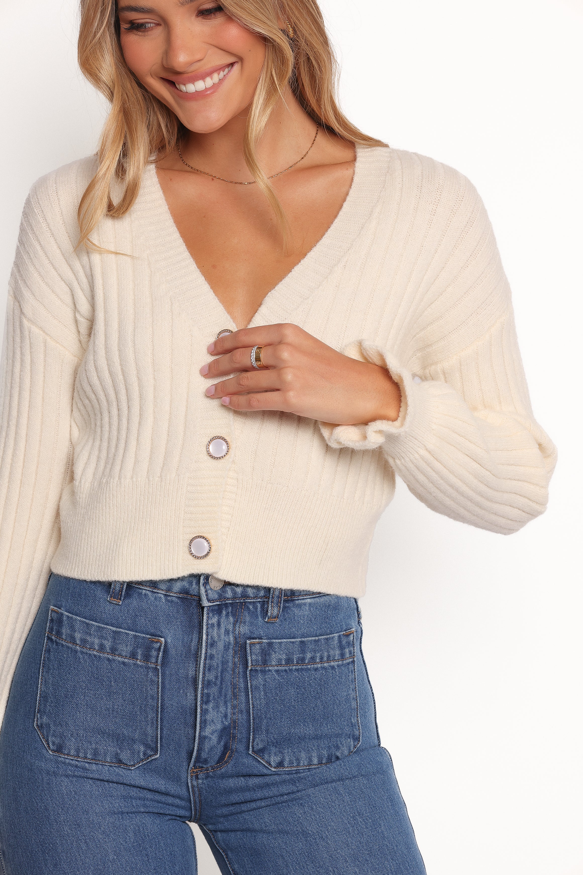 KNITWEAR Zana Ribbed Ruffle Cuff Knit Sweater - Cream