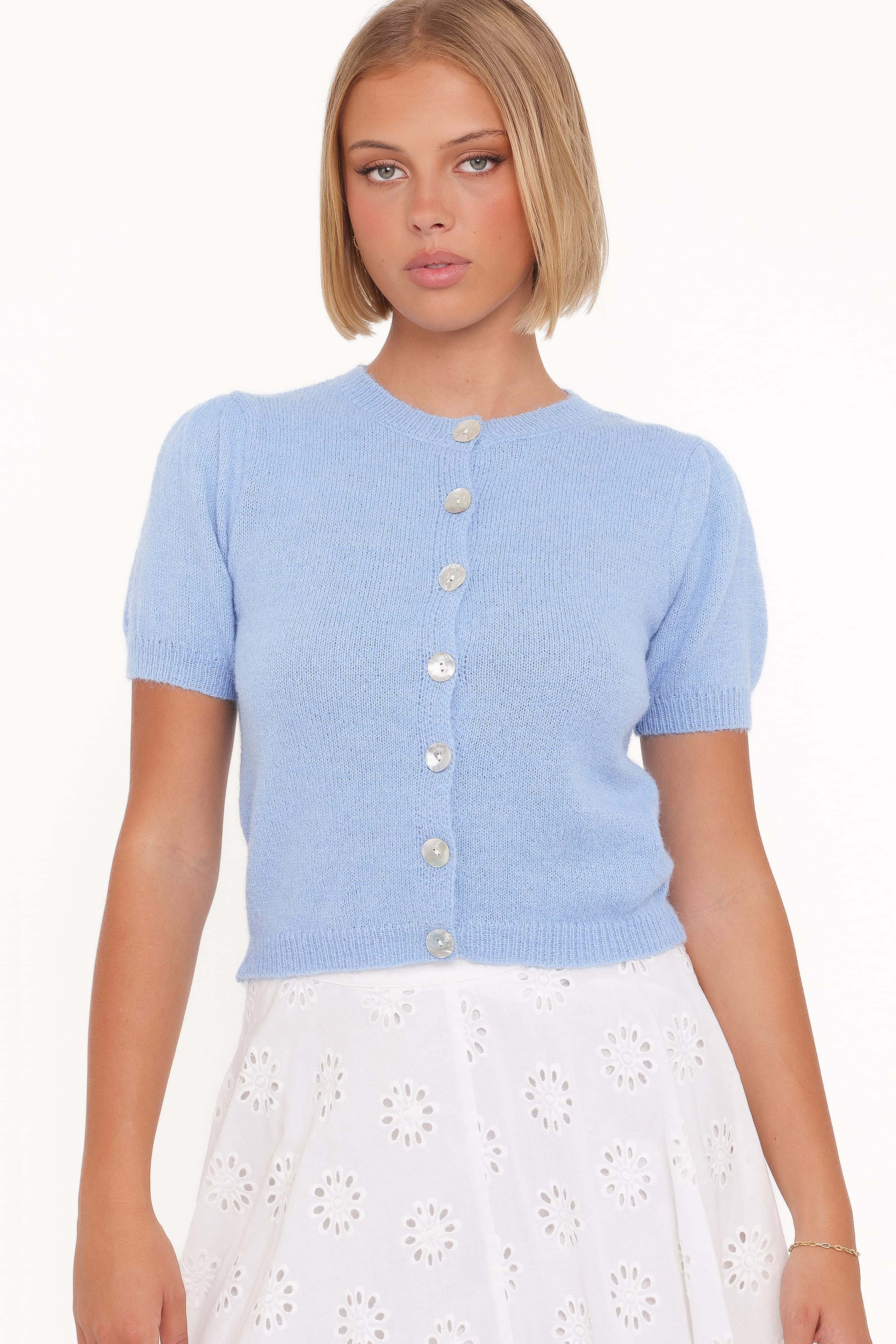 KNITWEAR Zena Puff Sleeve Cardigan - Cornflower Blue