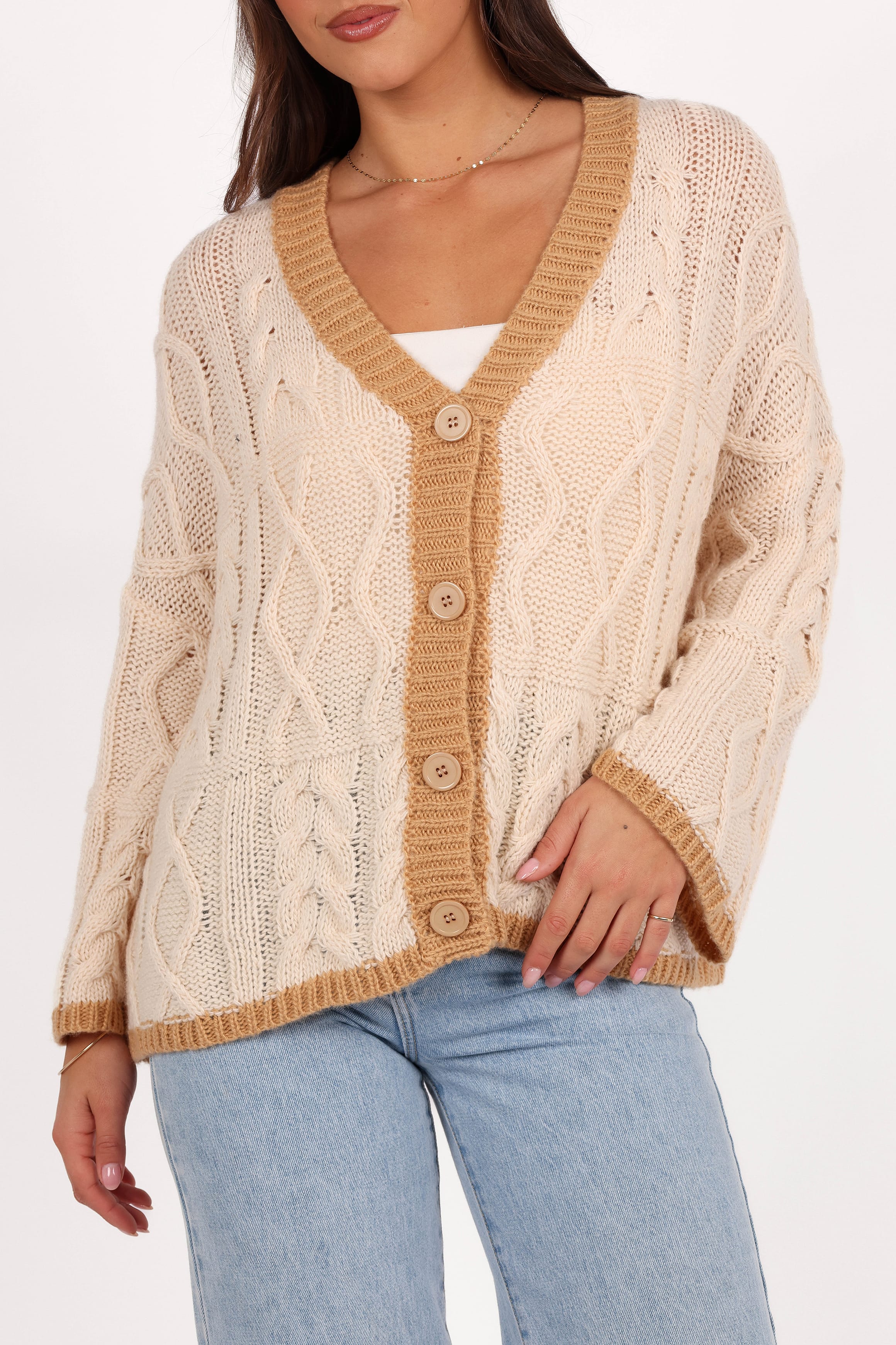 KNITWEAR Zina Contrast Cardigan - Tan