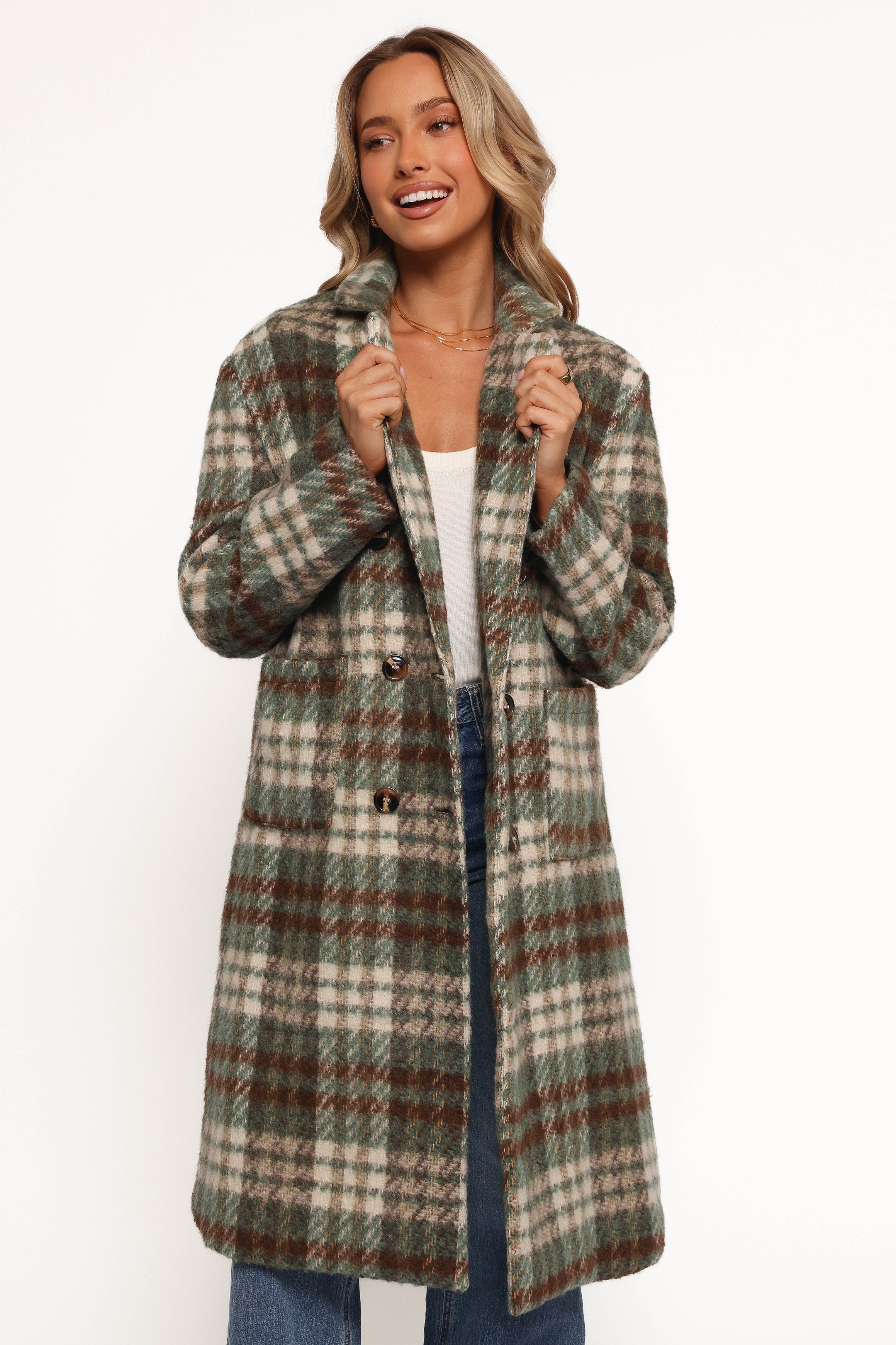 OUTERWEAR Anika Plaid Long Coat - Green/Brown