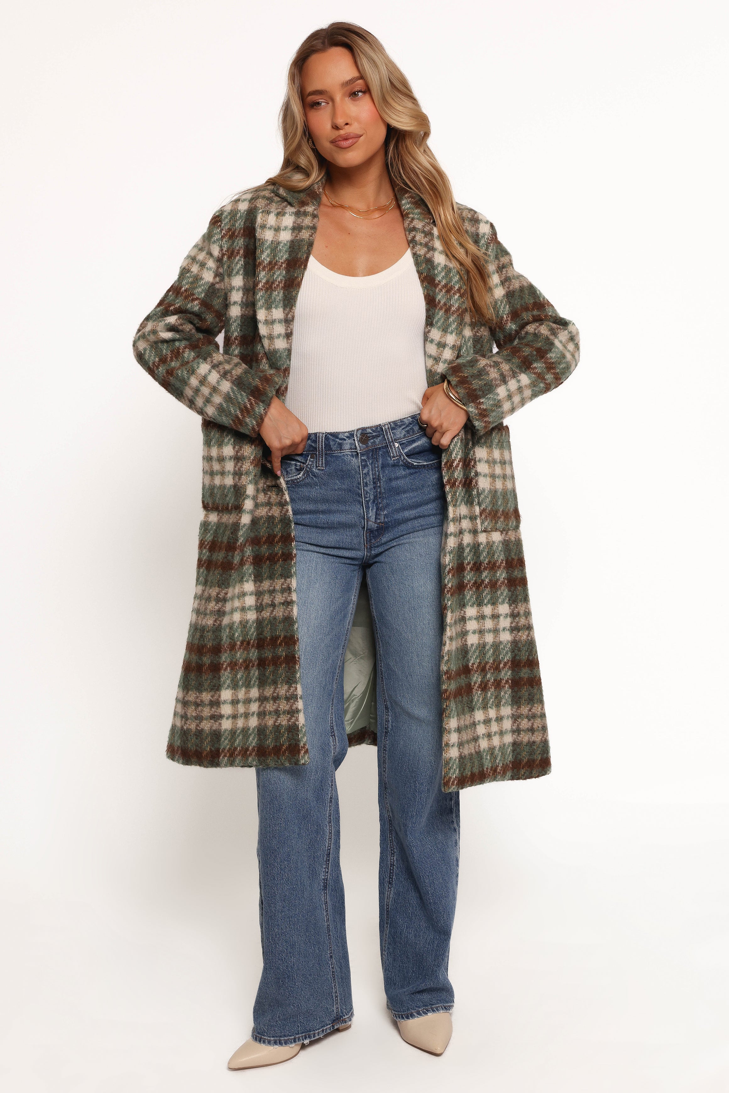 OUTERWEAR Anika Plaid Long Coat - Green/Brown