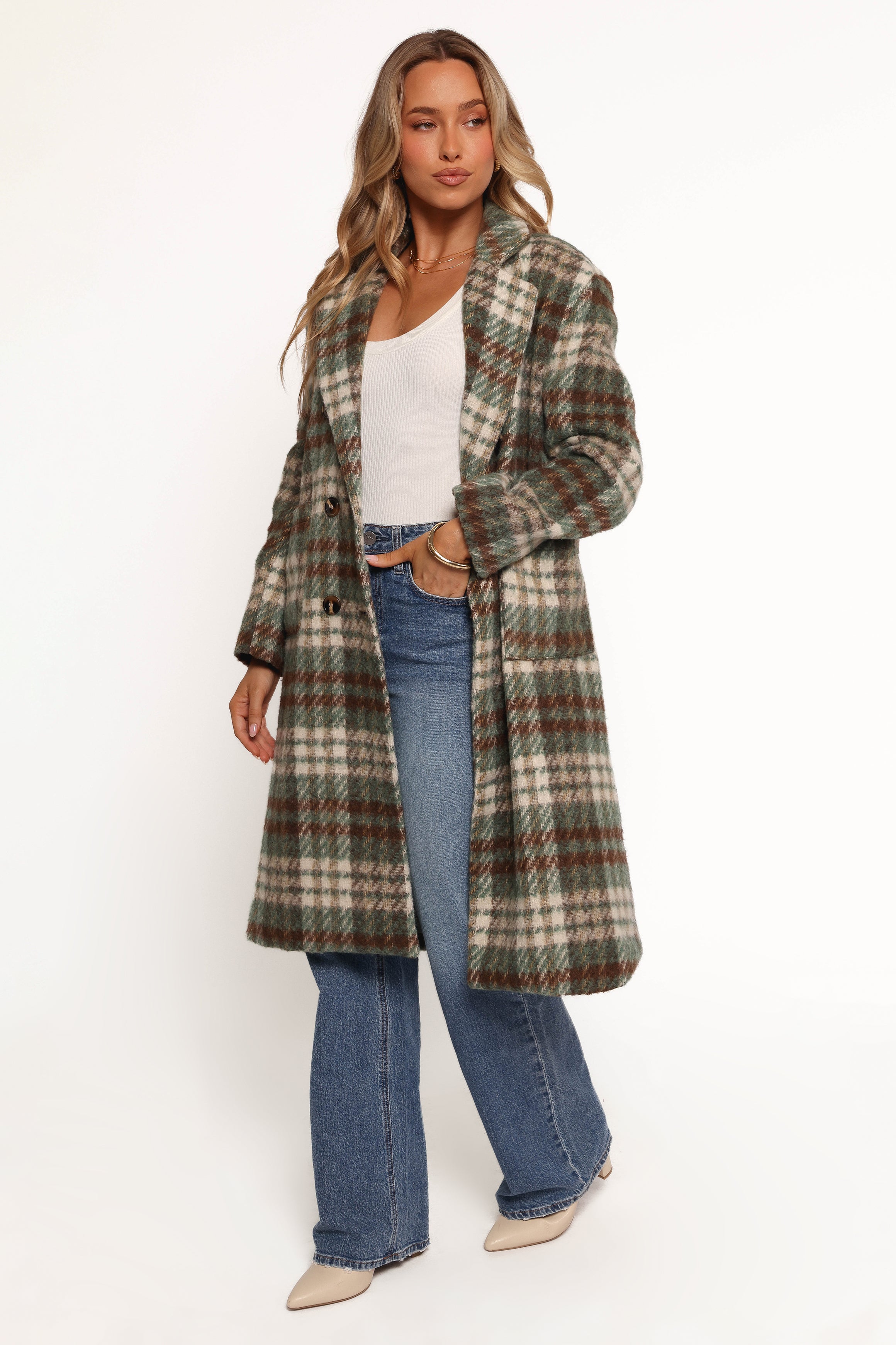 OUTERWEAR Anika Plaid Long Coat - Green/Brown