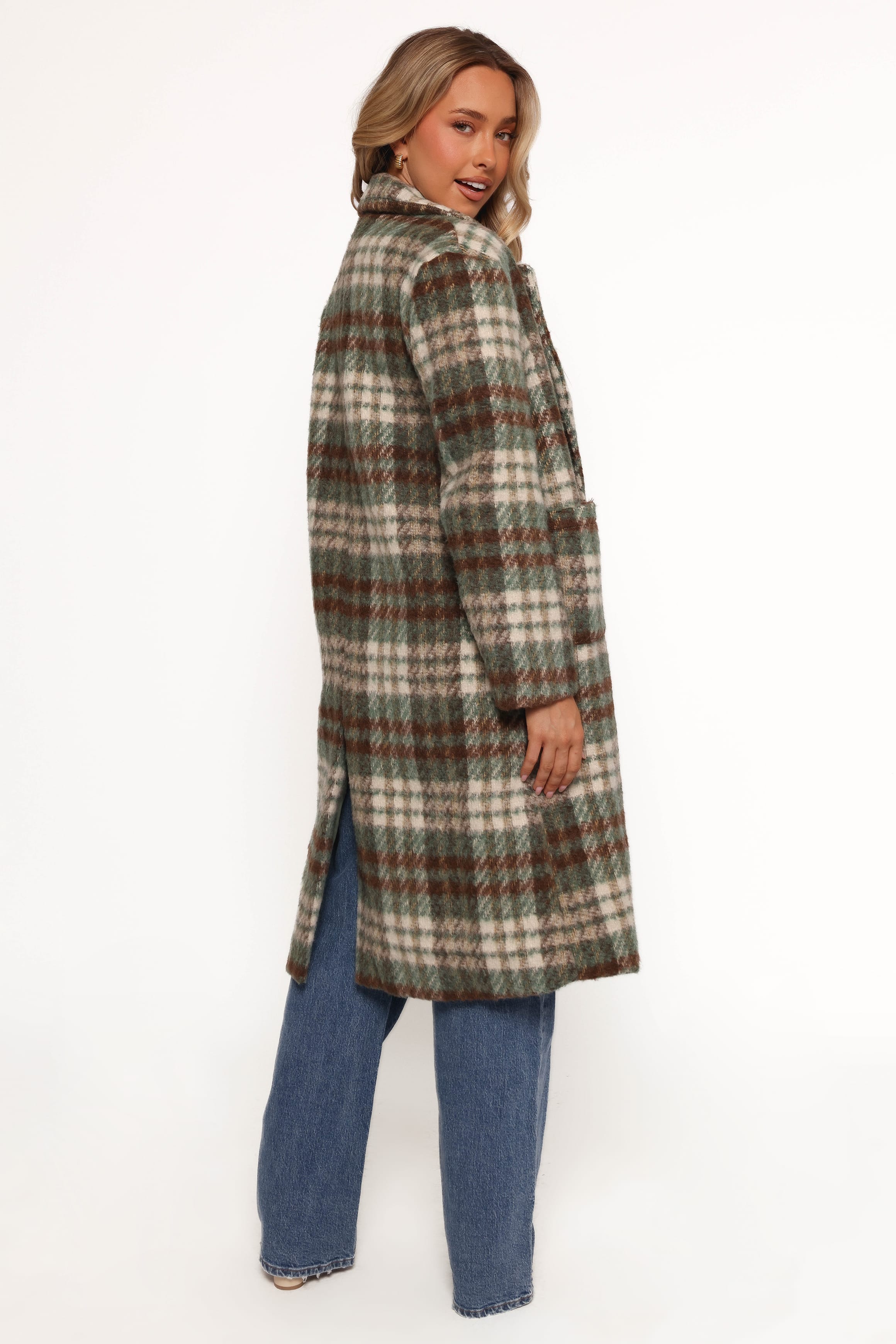 OUTERWEAR Anika Plaid Long Coat - Green/Brown