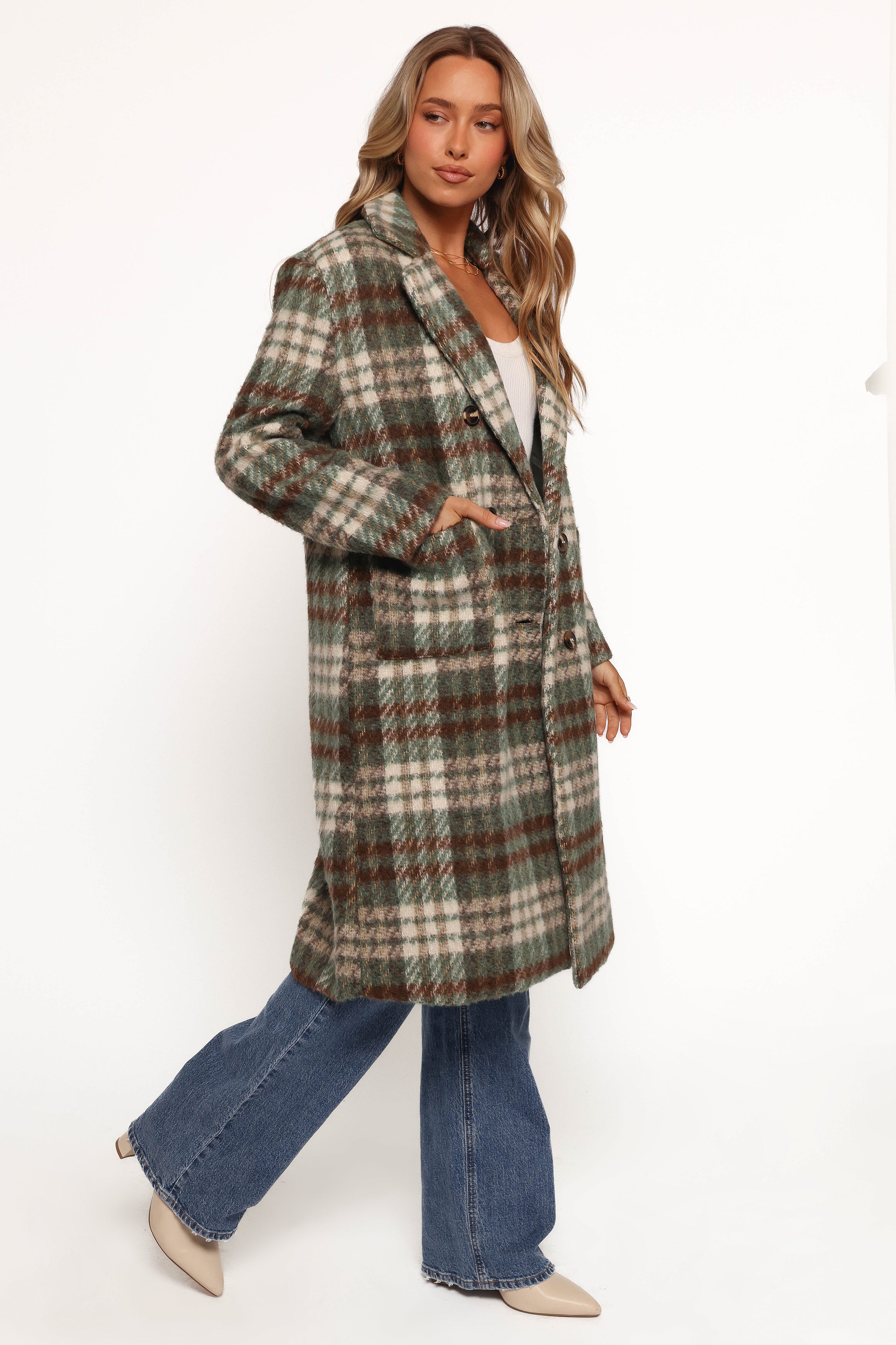 OUTERWEAR Anika Plaid Long Coat - Green/Brown