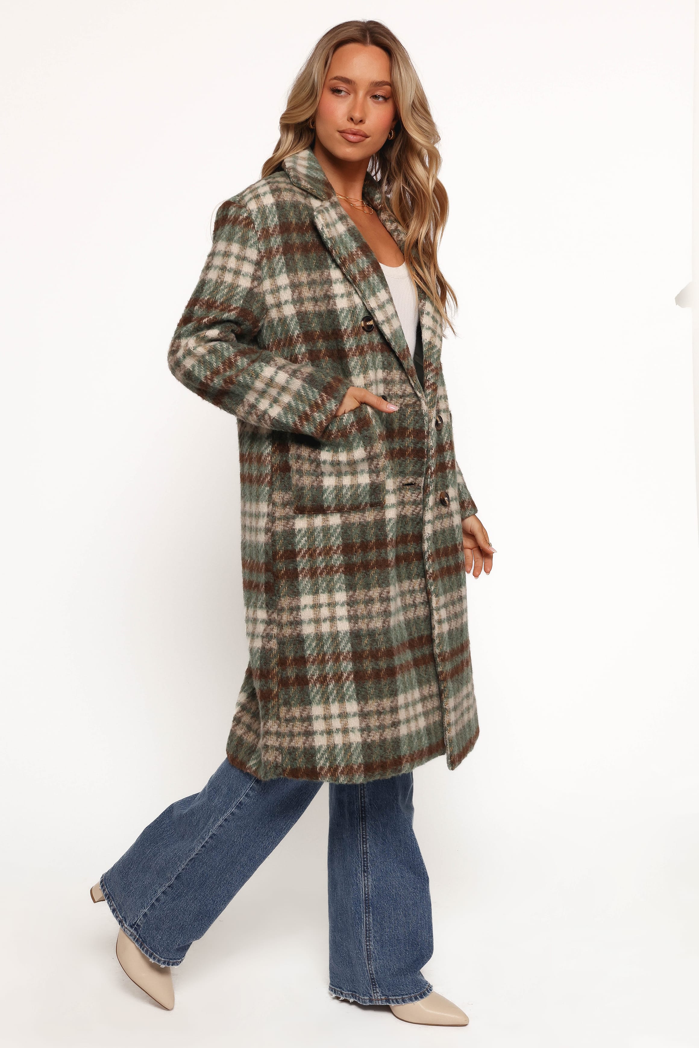OUTERWEAR Anika Plaid Long Coat - Green/Brown