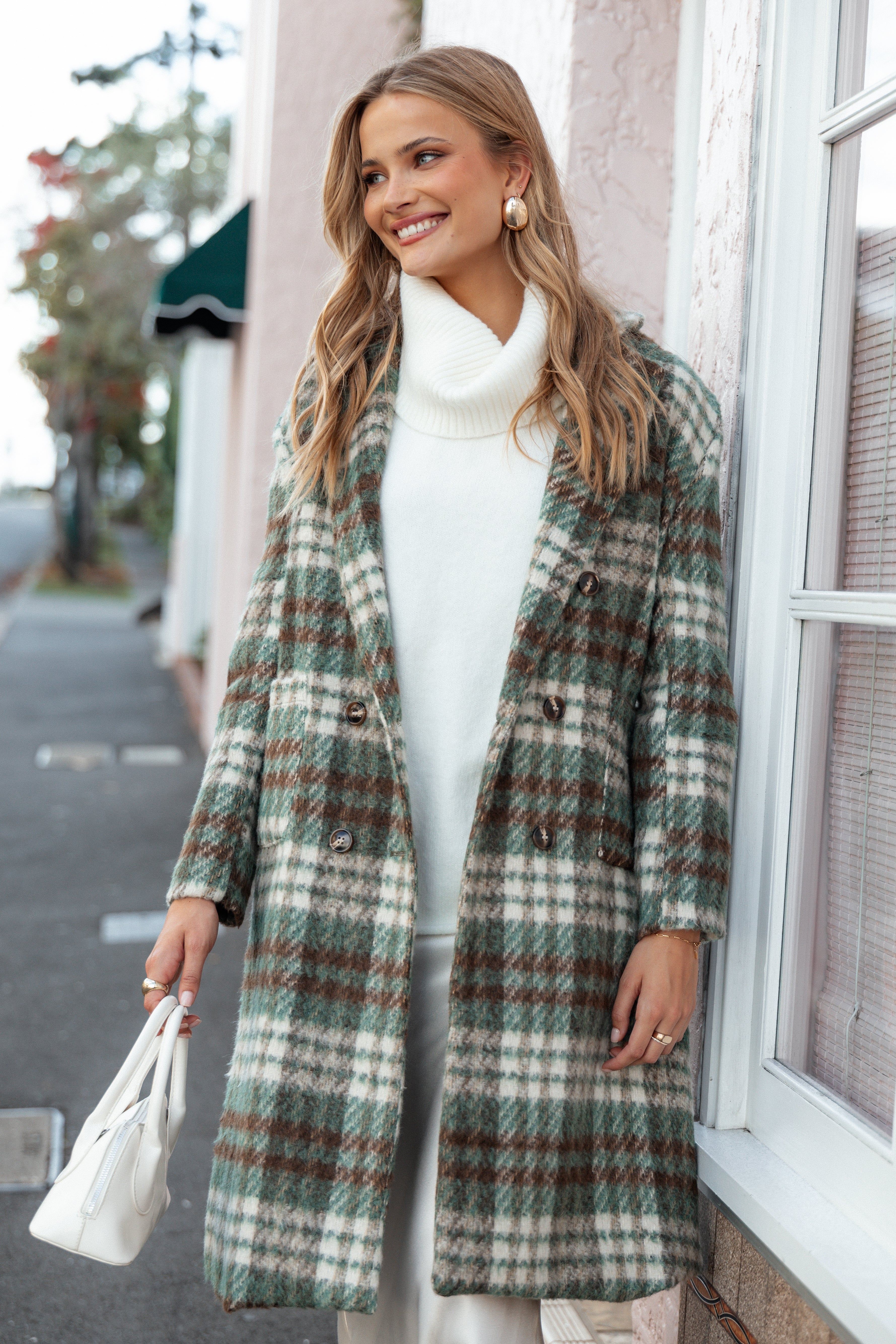 OUTERWEAR Anika Plaid Long Coat - Green/Brown