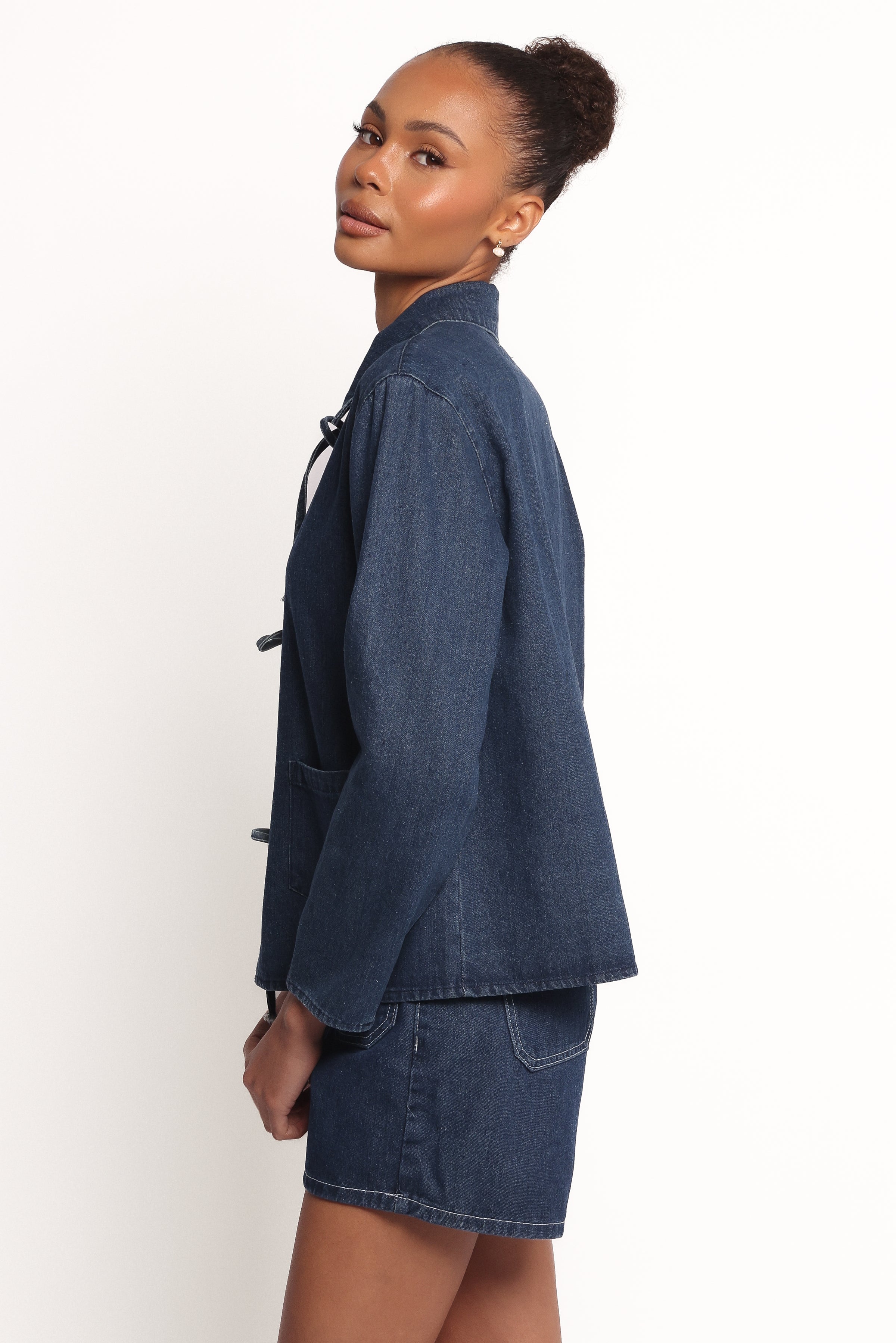 OUTERWEAR Avon Bow Front Denim Shacket - Denim