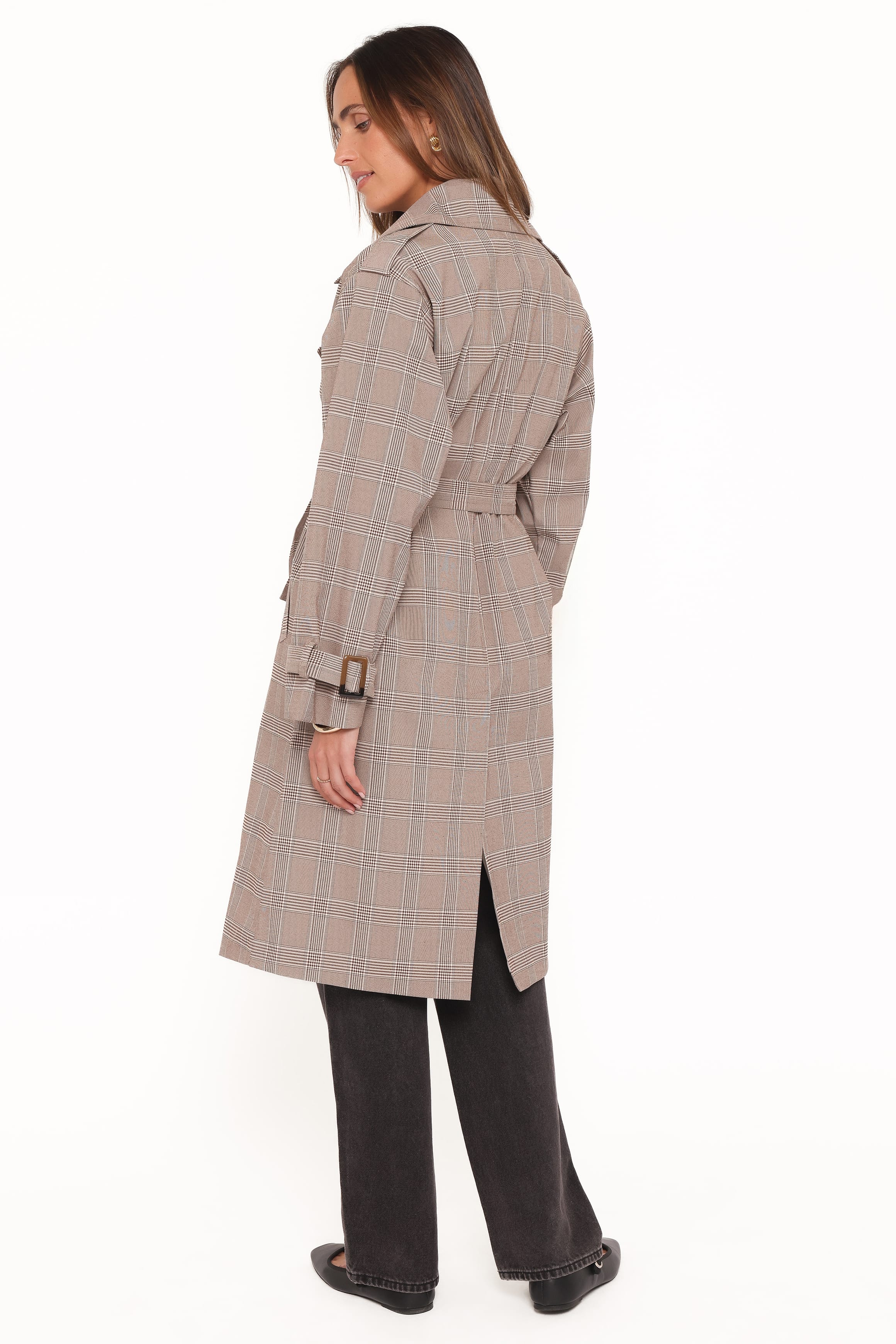 OUTERWEAR Billy Button Front Trench Coat - Brown Plaid