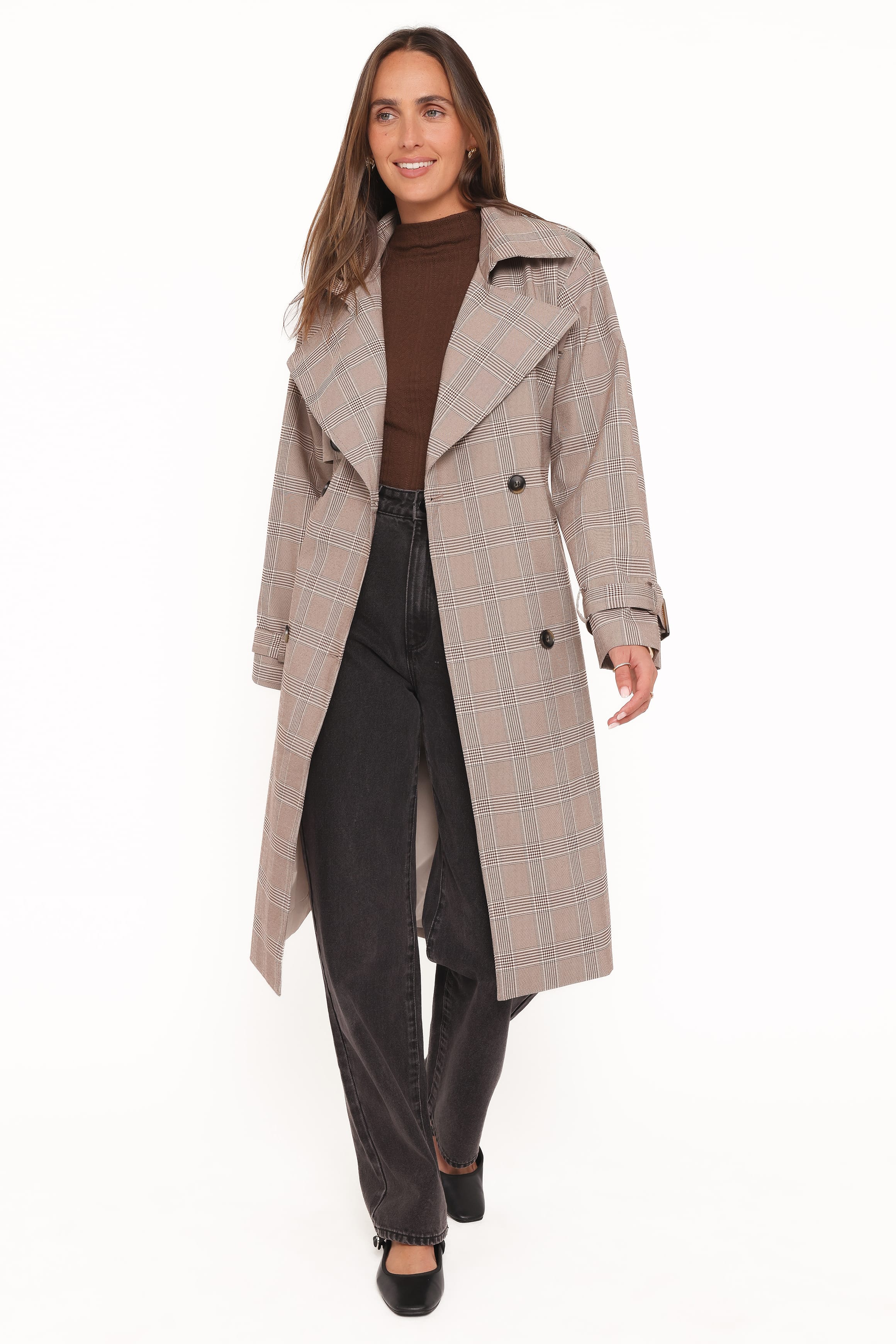 OUTERWEAR Billy Button Front Trench Coat - Brown Plaid