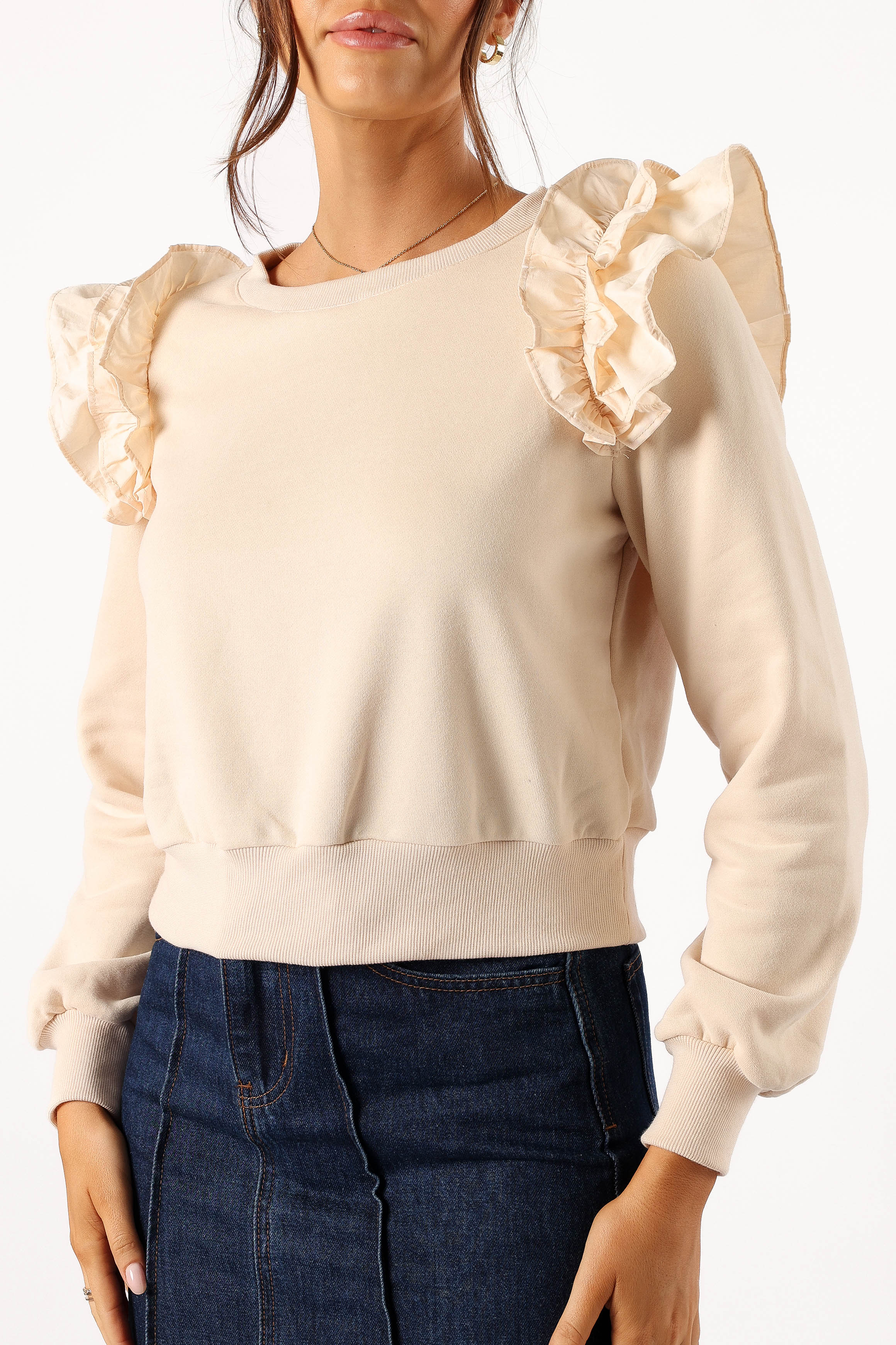 OUTERWEAR @Cora Ruffle Sleeve Sweatshirt - Cream