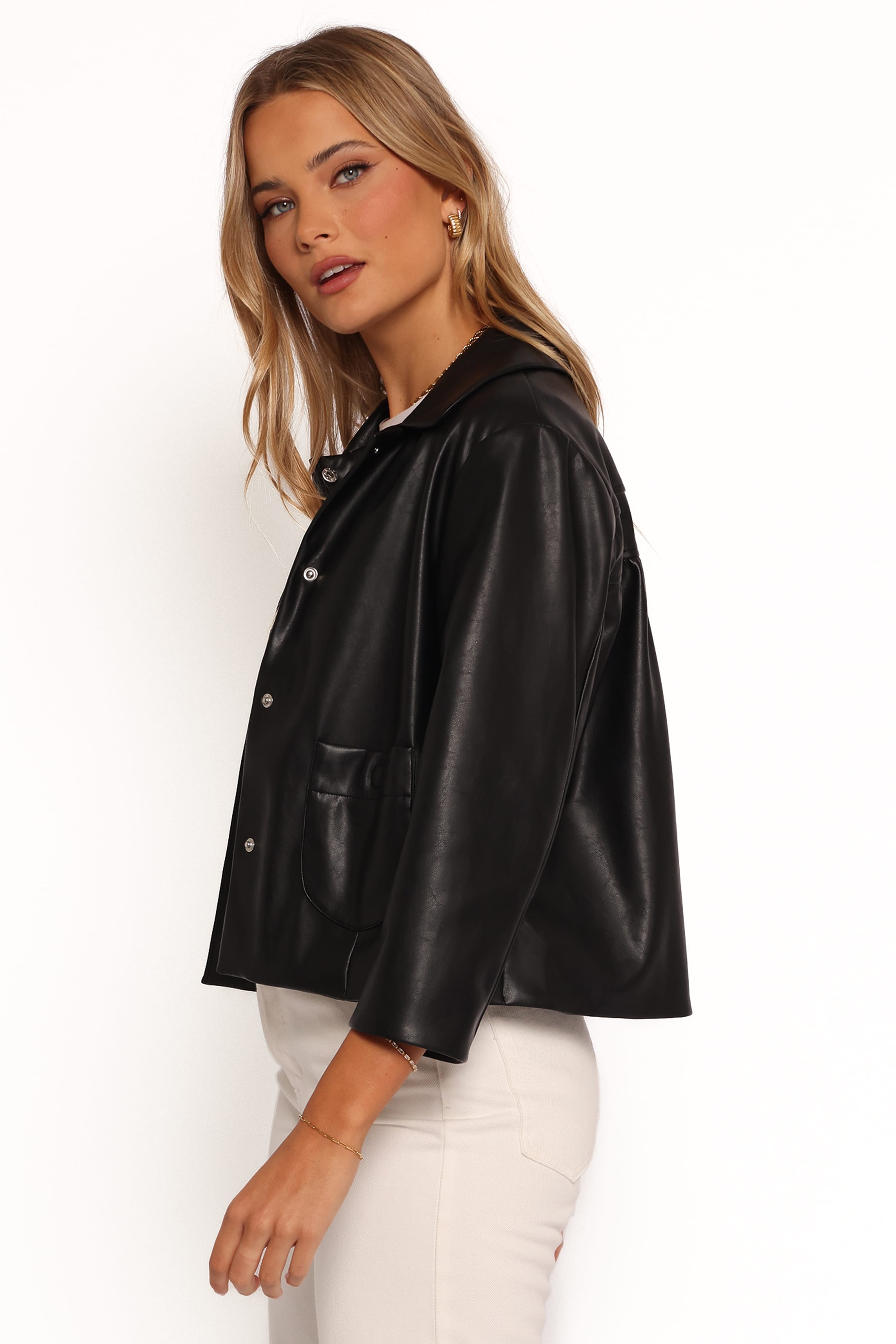 OUTERWEAR Evora Faux Leather Button Front Jacket - Black