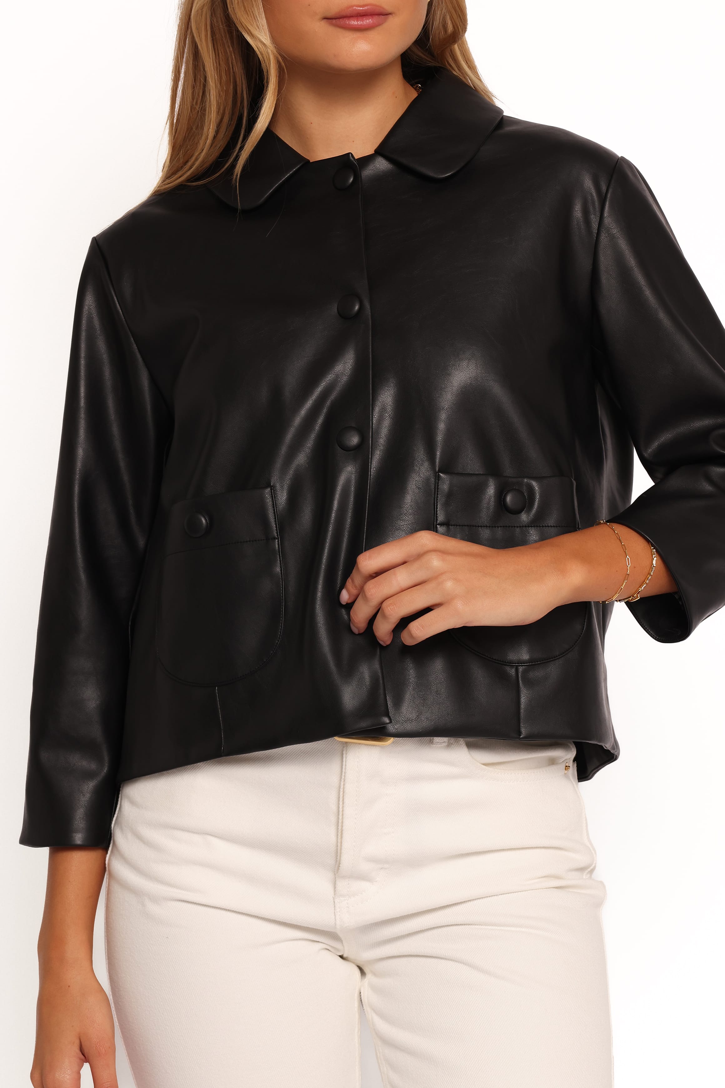 OUTERWEAR Evora Faux Leather Button Front Jacket - Black