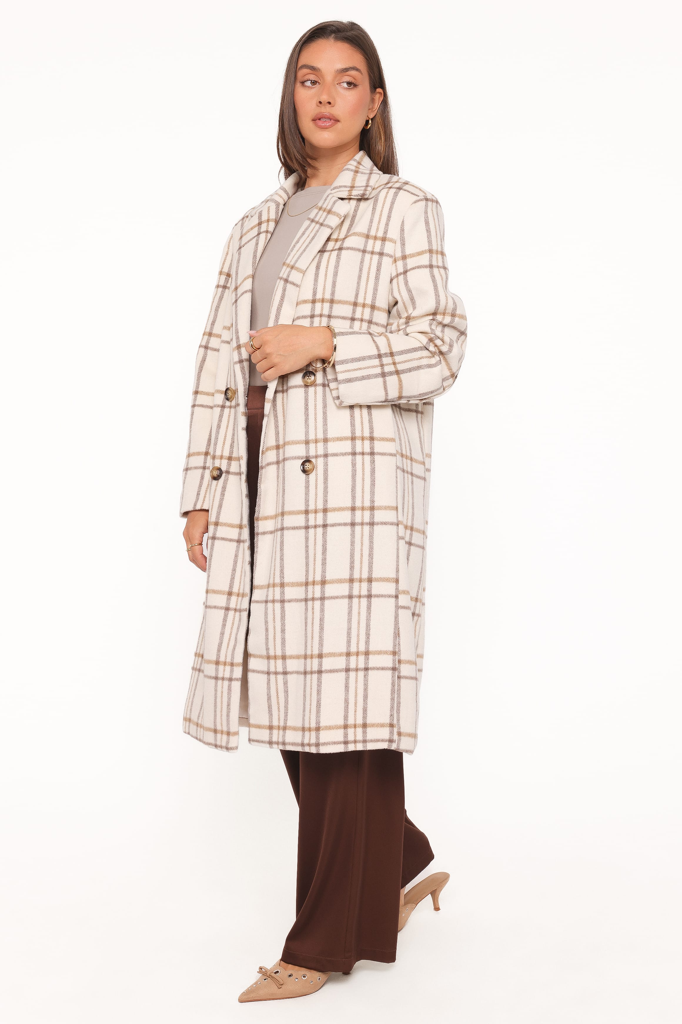 OUTERWEAR Gianna Button Front Plaid Long Coat - Ivory