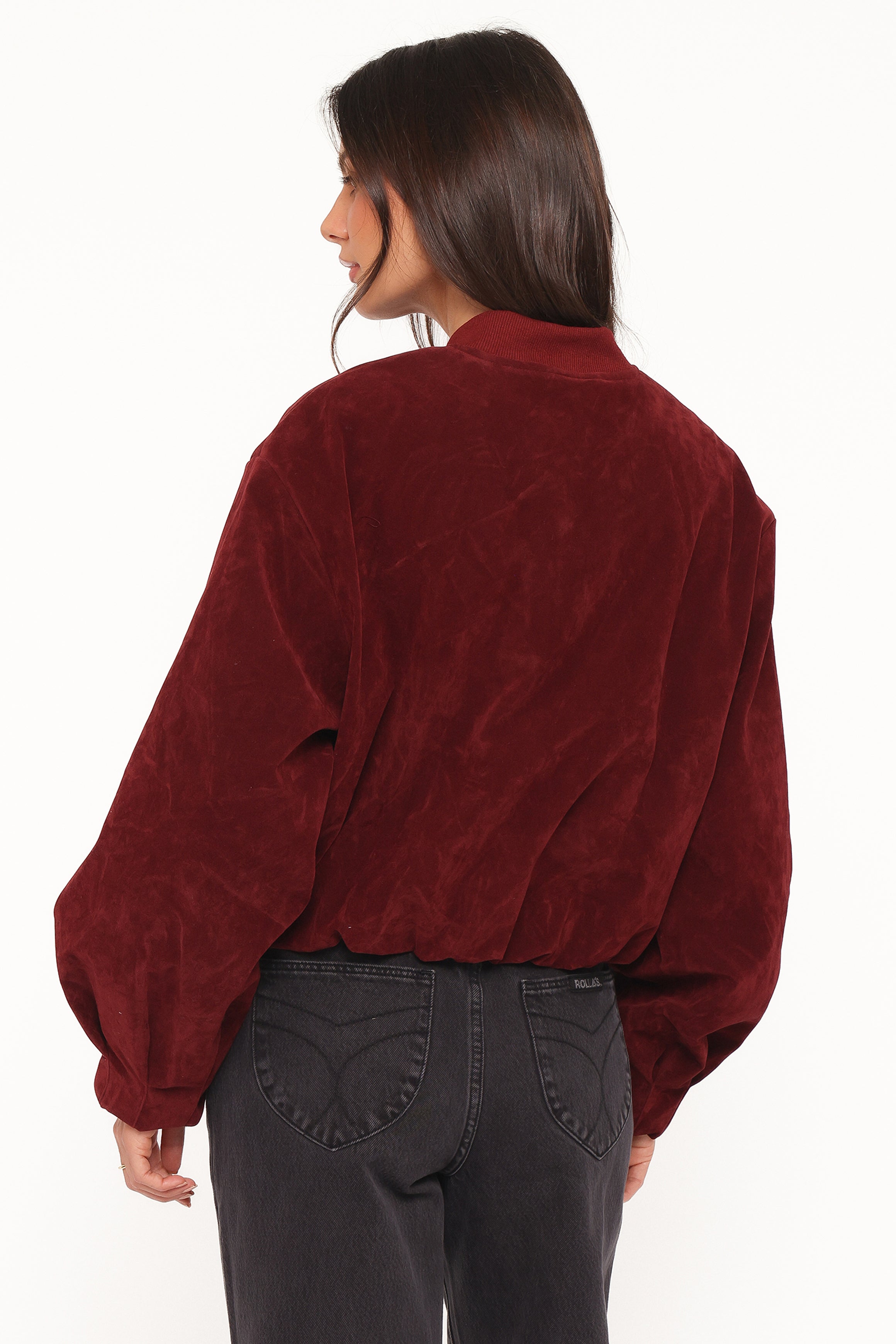 OUTERWEAR Goldie Faux Suede Bomber Jacket - Burgundy