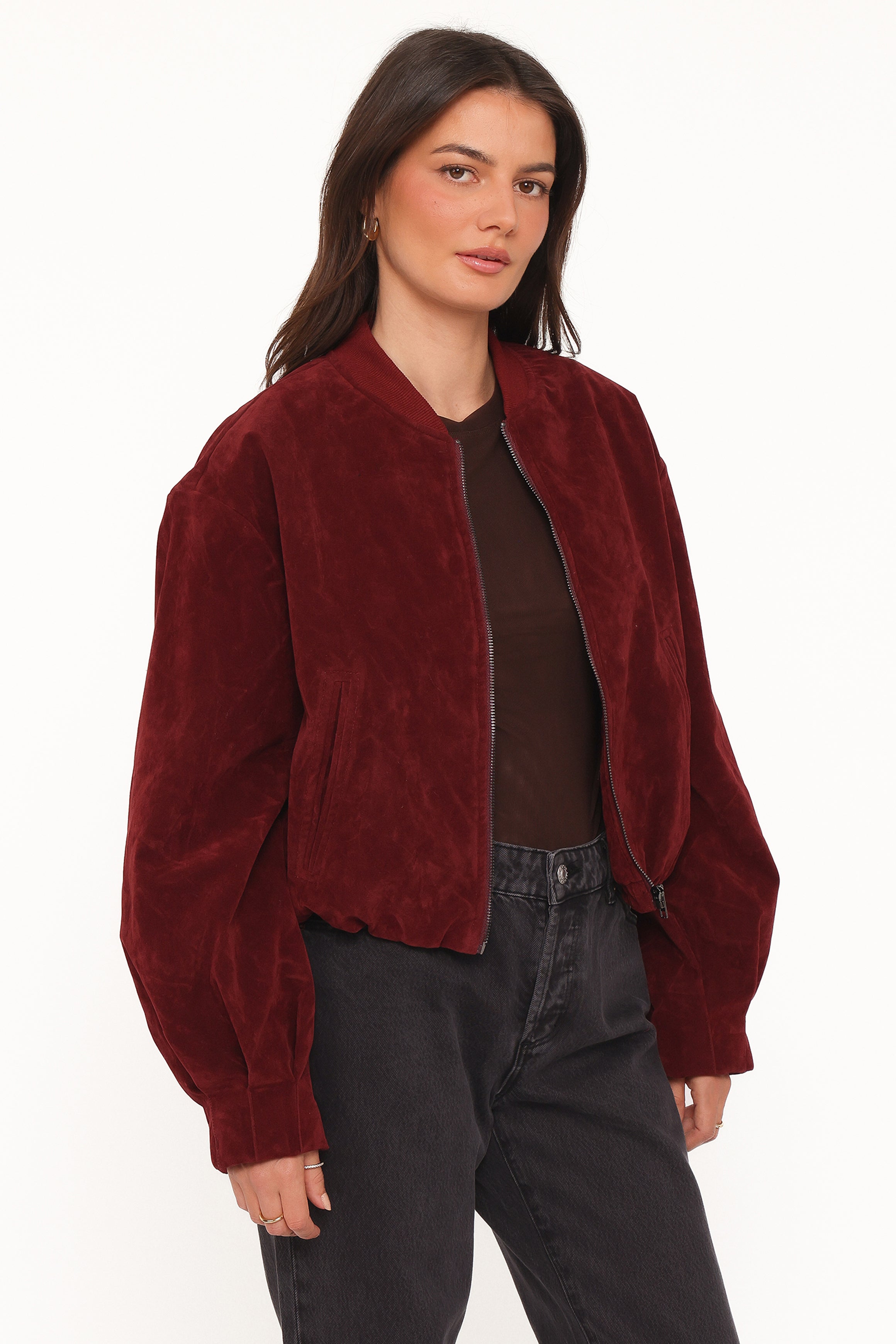 OUTERWEAR Goldie Faux Suede Bomber Jacket - Burgundy