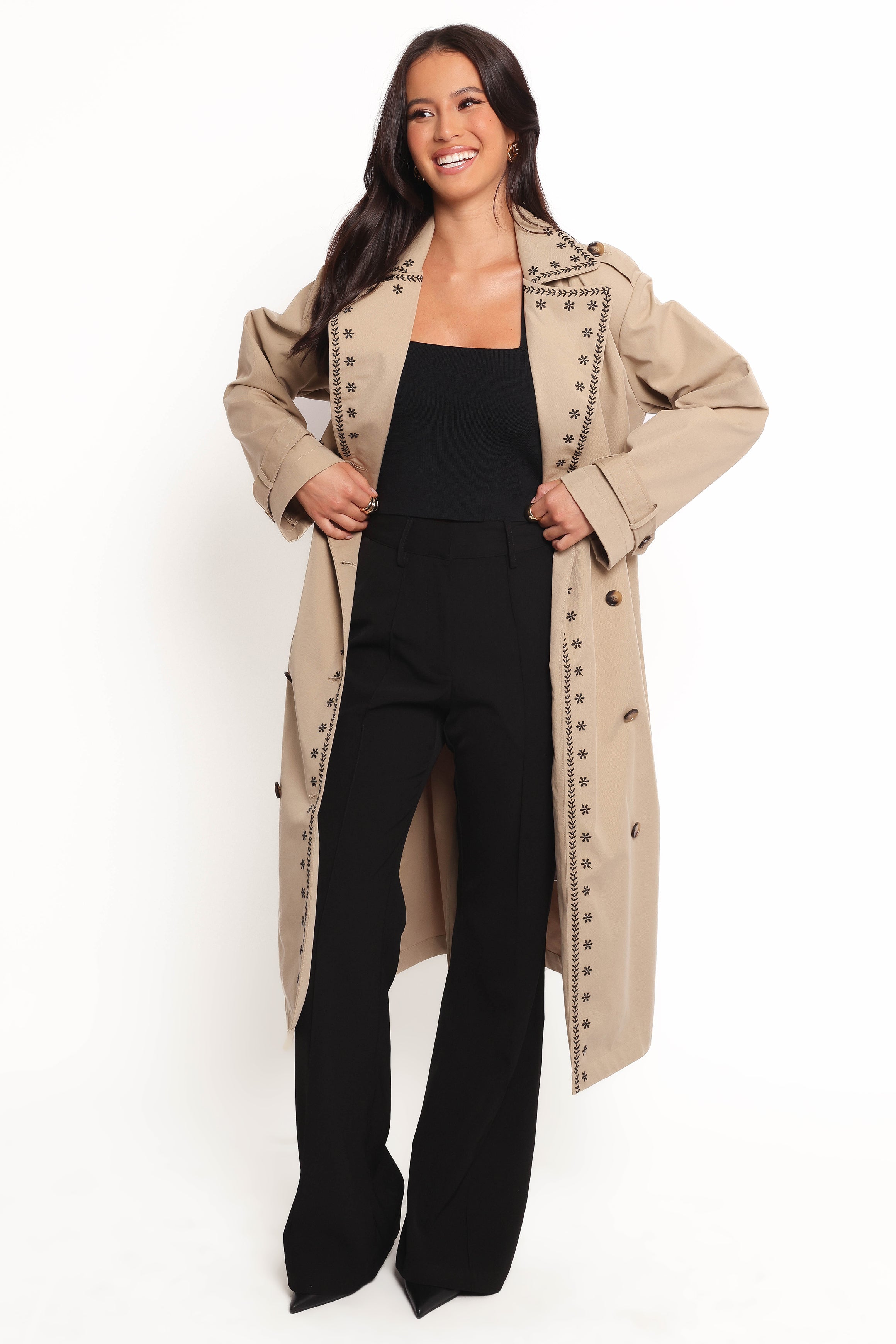 OUTERWEAR Grayson Embroidered Trim Trench Coat - Taupe