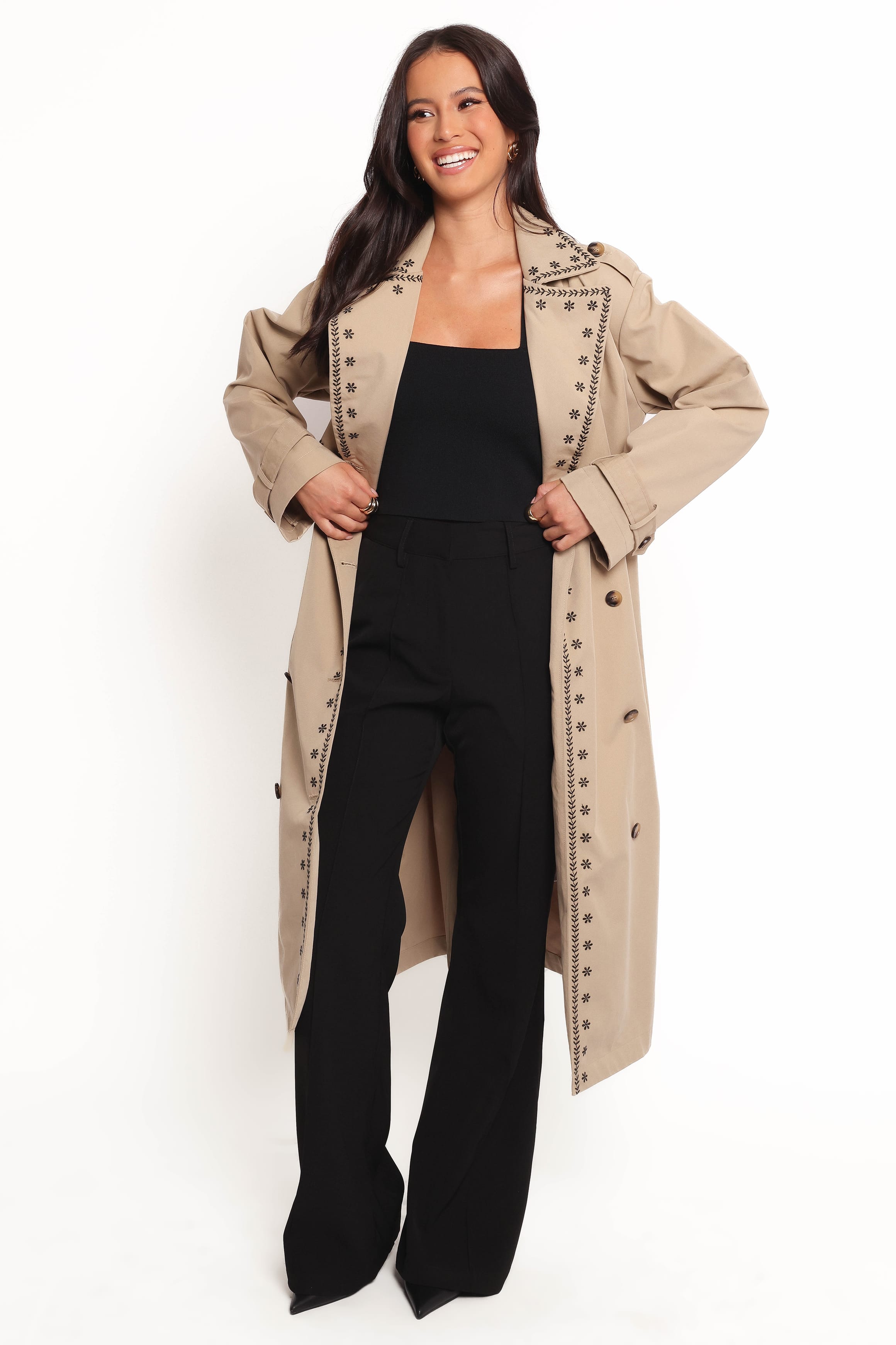 OUTERWEAR Grayson Embroidered Trim Trench Coat - Taupe