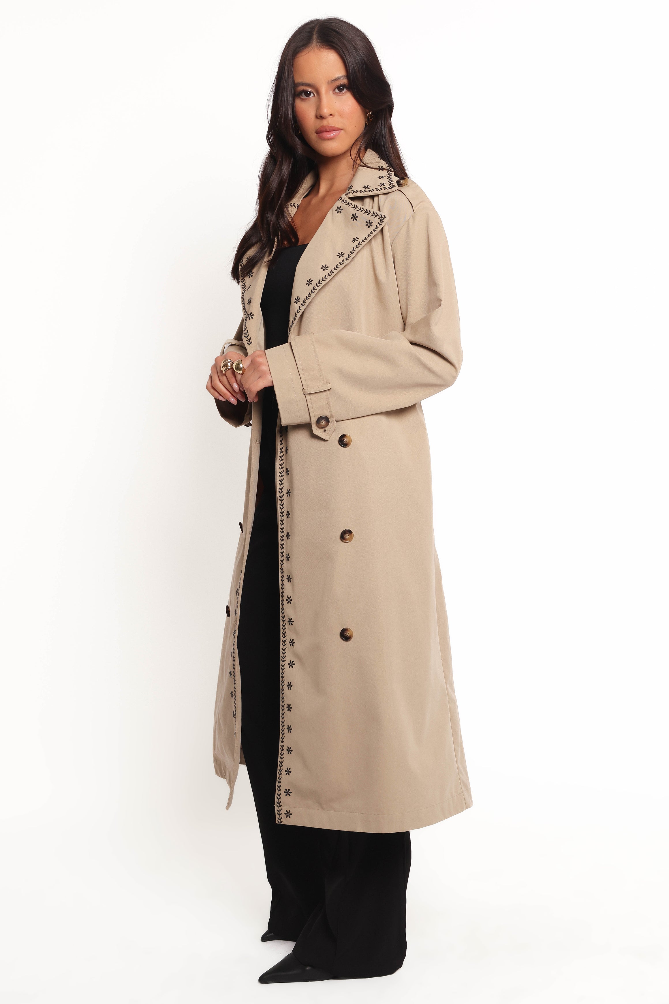 OUTERWEAR Grayson Embroidered Trim Trench Coat - Taupe